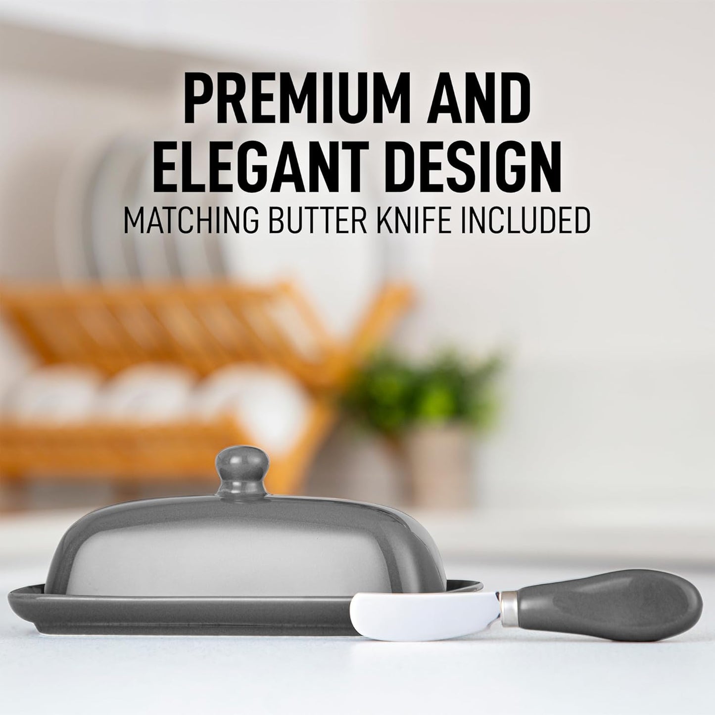 Zulay Butter Dish With Lid For Countertop - Porcelain White, Ceramic Butter Dish with Knob Handle Great for Cooking - Elegant Design Butter Holder - Durable & Sturdy Butter Keeper - Gray