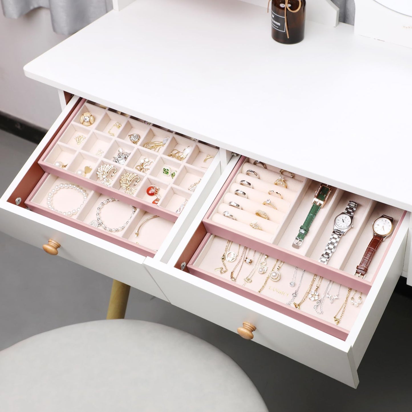 LANDICI Stackable Jewelry Organizer Trays 4 Set,PU Leather Jewelry Organizer Drawer,Jewelry Storage Display Tray for Earring Necklace Rings Bracelet with Removable Dividers,Rose Gold