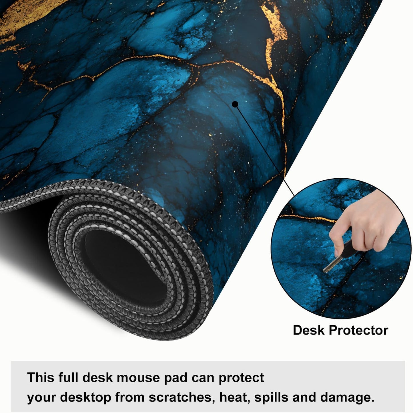 Blue Marble Gold Vein Mouse Pad – Large Extended Desk Mat 31.5 x 11.8 in– Elegant Navy Ink Texture with Metallic Cracks, Keyboard & Mouse Pad for Office & Gaming