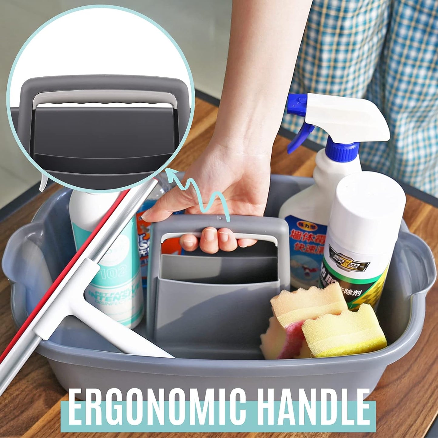 Cleaning Supplies Caddy, Household Tools Organizer with Handle, Large Plastic Bucket, Portable Shower Basket Tote, Gray