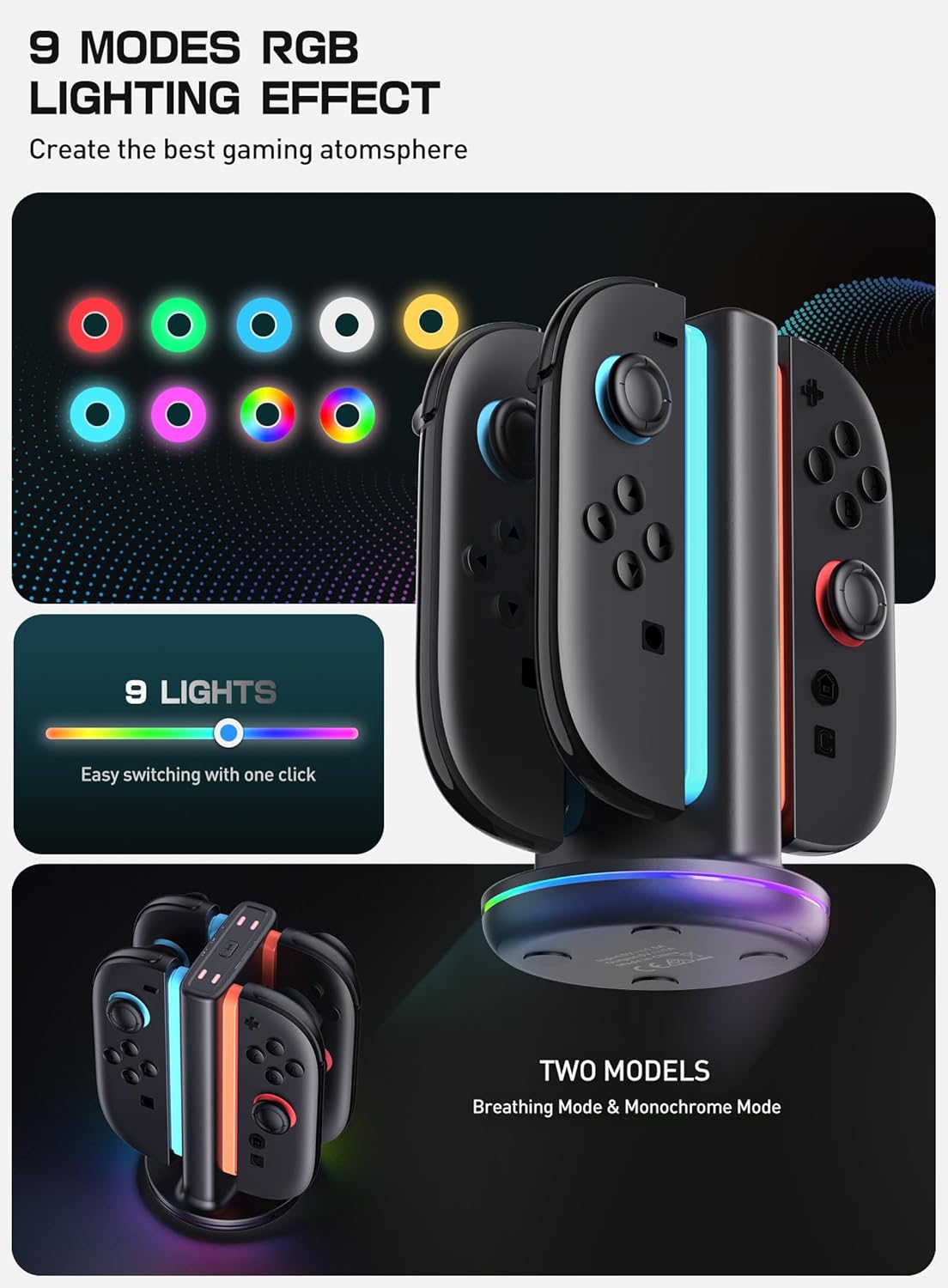 SUPCASE Charging Dock for Nintendo Switch 2 Joy Con, [Supports Dual-Side Charging] [9 Light Modes] Magnetic Controller Fast Charger Stand Station Compatible with Switch 2 Joy Con Accessories, Black