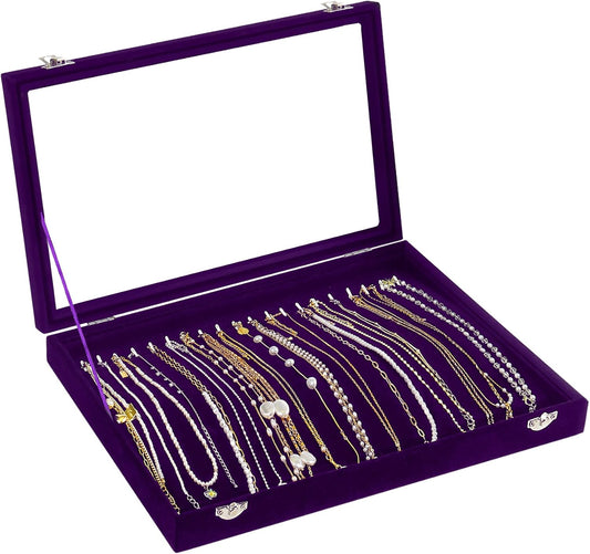 Jenseits Necklace Holder Jewelry Organizer Box, Dustproof Velvet Necklace Tray Jewelry Display With Clear Lid, Preppy Jewelry Holder, Long Necklaces Pendants Organizer, Gifts For Women Girls - Purple