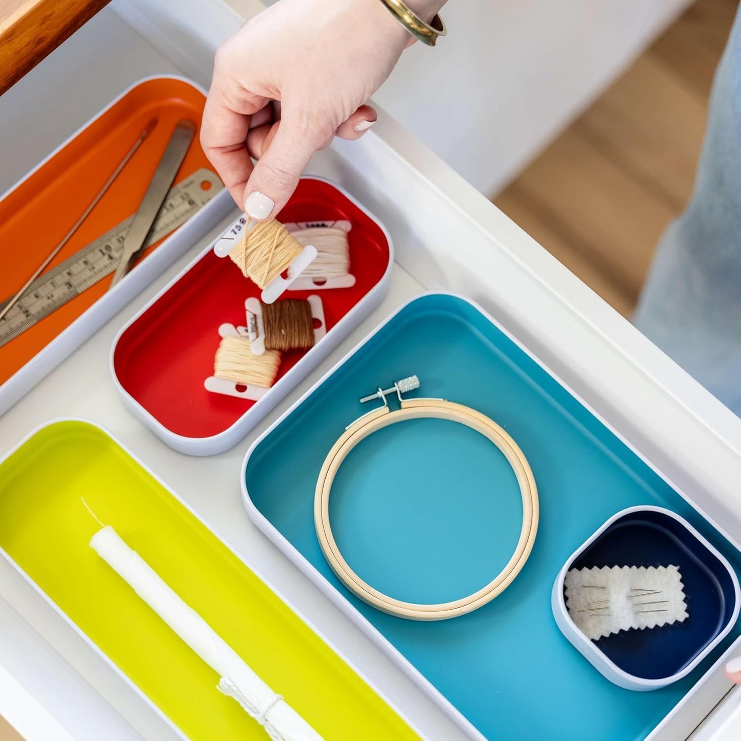 Three by Three Seattle 5 Piece Shallow Metal Organizer Tray Set for Storing Makeup, Stationery, Utensils, and More in Office Desk, Kitchen and Bathroom Drawers (1 Inch, Assorted Colors)
