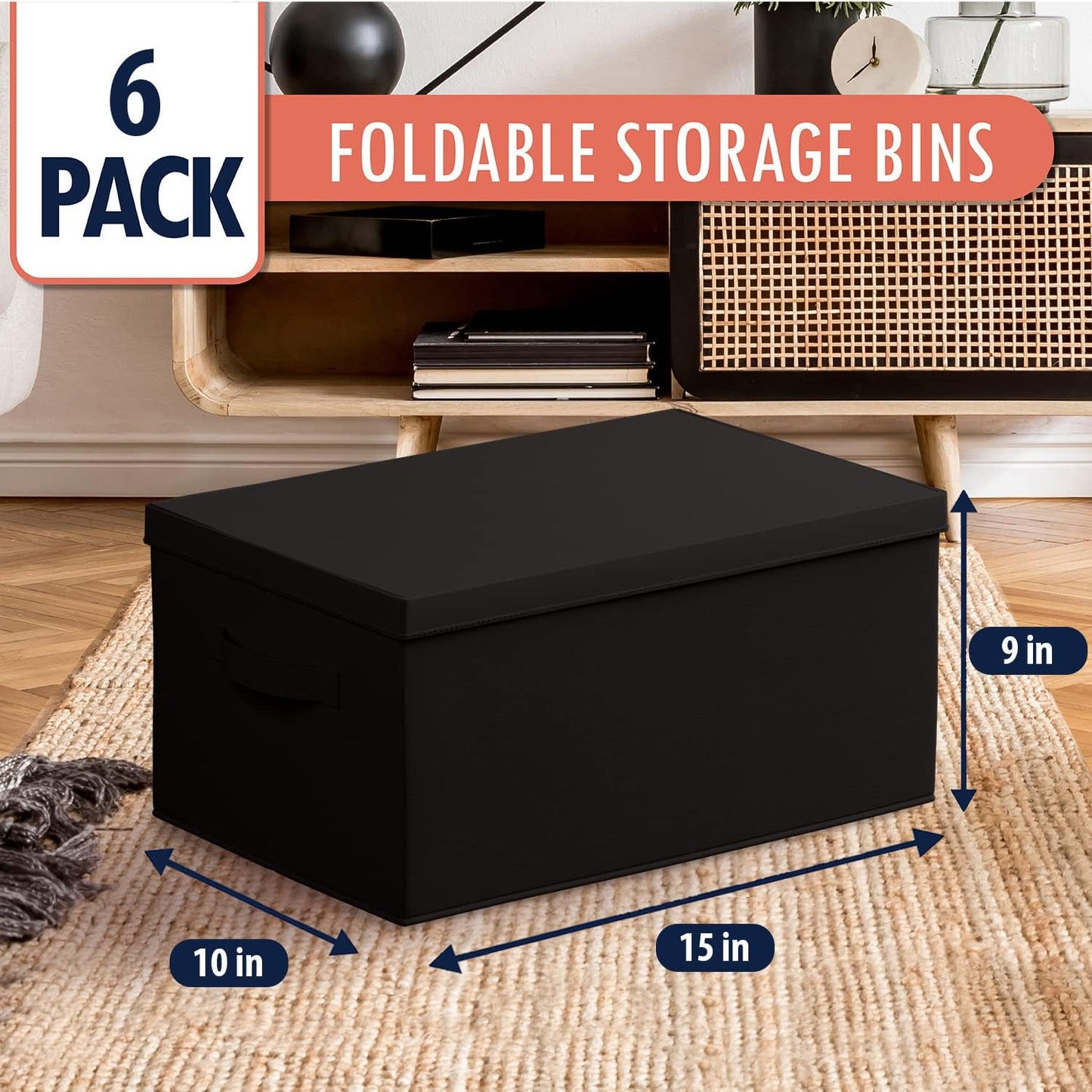 Ornavo Home 6 Pack Collapsible Storage Bins with Lid, Foldable Linen Fabric Shelf Storage Basket Closet Organizer and Large Storage Box for Clothes with Leather Handles, 15 x 10 x 9, Black