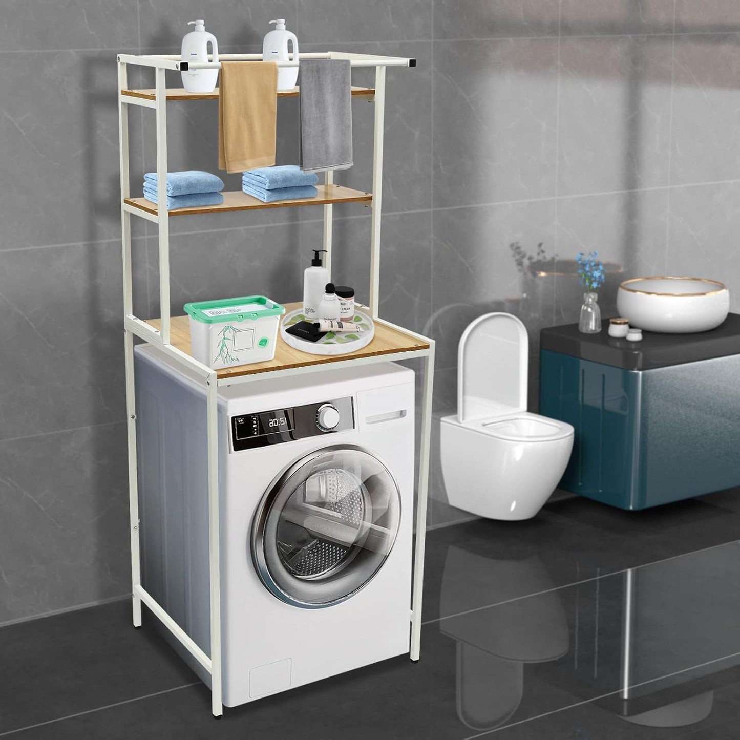 Over Washer and Dryer Shelves,Dryer Storage Shelf,3 Tiers Laundry Room Storage and Organizer Standing Shelf,Height Adjustable Laundry Room Shelves, Load-Bearing Capacity 22lbs (Log)