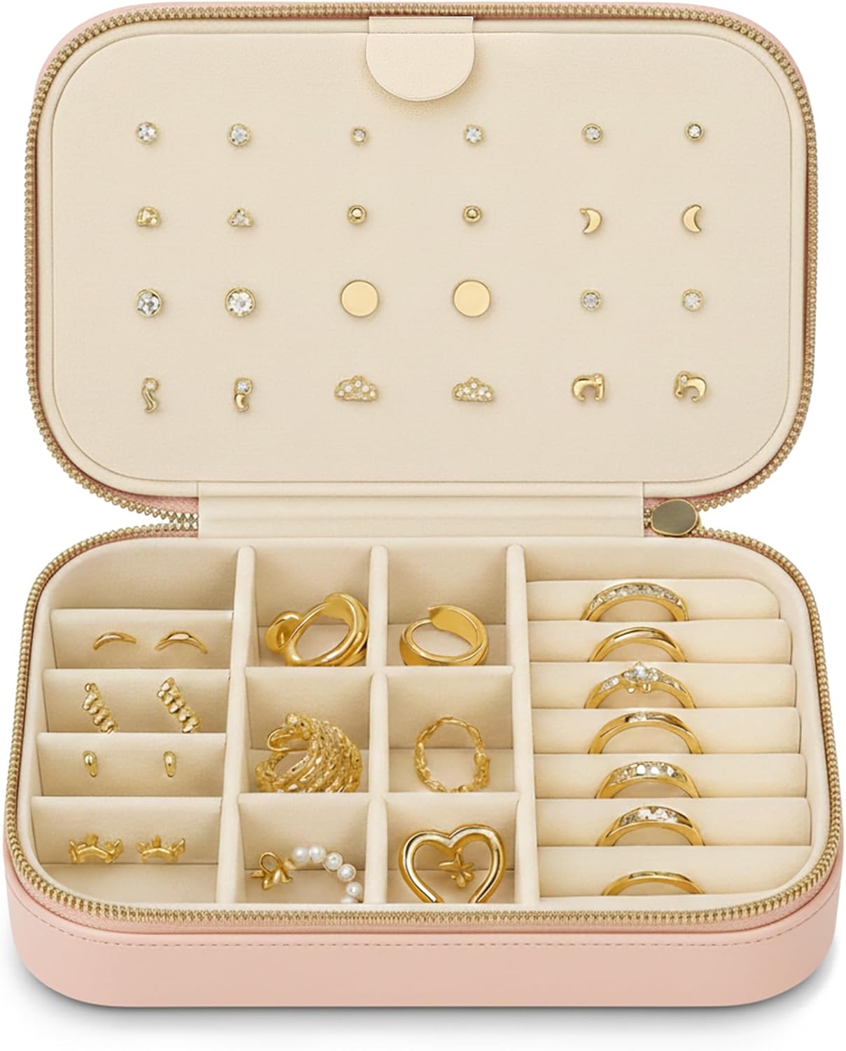 Small Travel Jewelry Box Organizer for women & Girls, Portable Small Travel Jewelry Case Organizer for Traveling, PU Leather Mini Box for Earrings, Necklaces, Rings, Bracelets - Pink