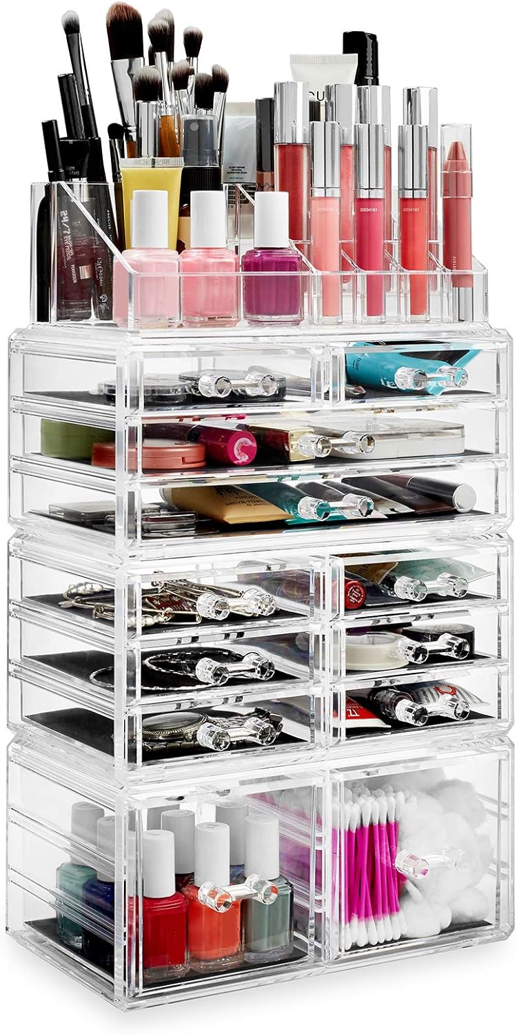 Casafield Acrylic Cosmetic Makeup Organizer & Jewelry Storage Display Case - Large 16 Slot, 2 Box & 10 Drawer Set - Clear