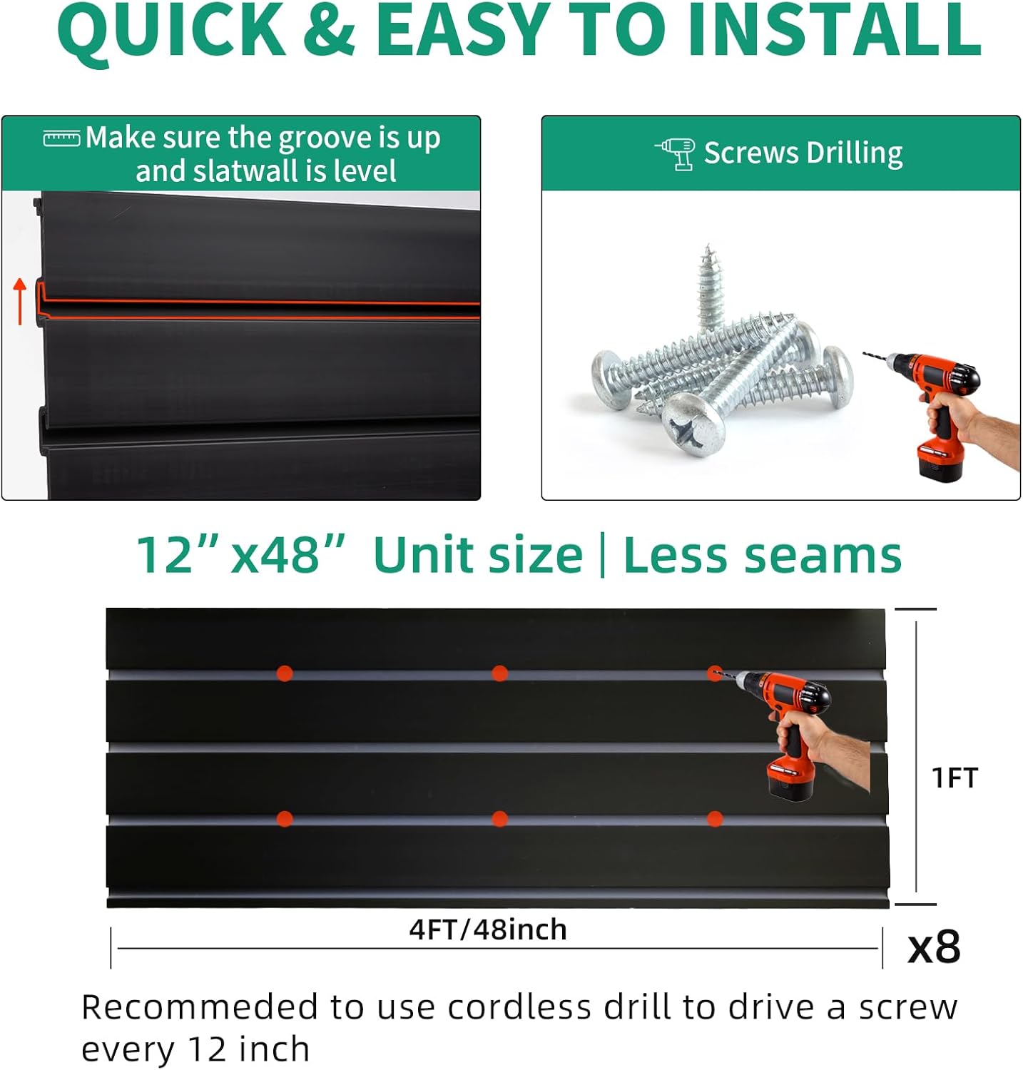 Slatwall Panel Garage Slat Wall Storage Systems with 26 Slatwall Accessories, 4'x8' PVC Black Slat Wall Paneling for Retail Display, Garage Storage, Guitar Shop, Home Storage