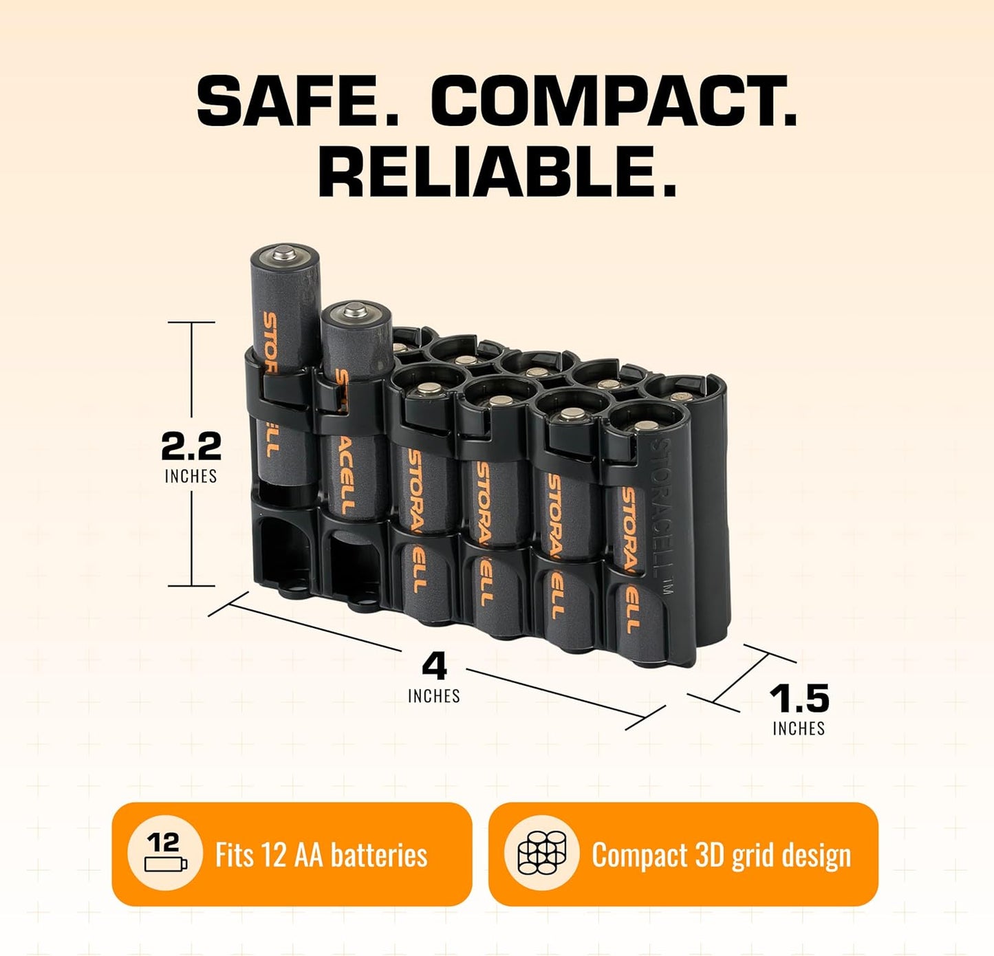 Storacell AA-12 Battery Storage Caddy and Dispenser (Pack of 2), Black, Holds 12 AA Batteries (Not Included), Durable & Compact Design, The Original Battery Caddy, Made in The USA