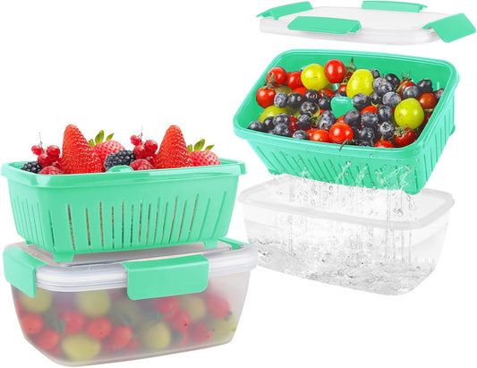 68oz Berry Keeper Fruit Storage Container for Fridge, Fresh Food Produce Saver Containers with Removable Drain Colanders, Vegetable Lettuce Keeper Bowl, Refrigerator Organizer, PRESS TO OPEN CLOSE LID