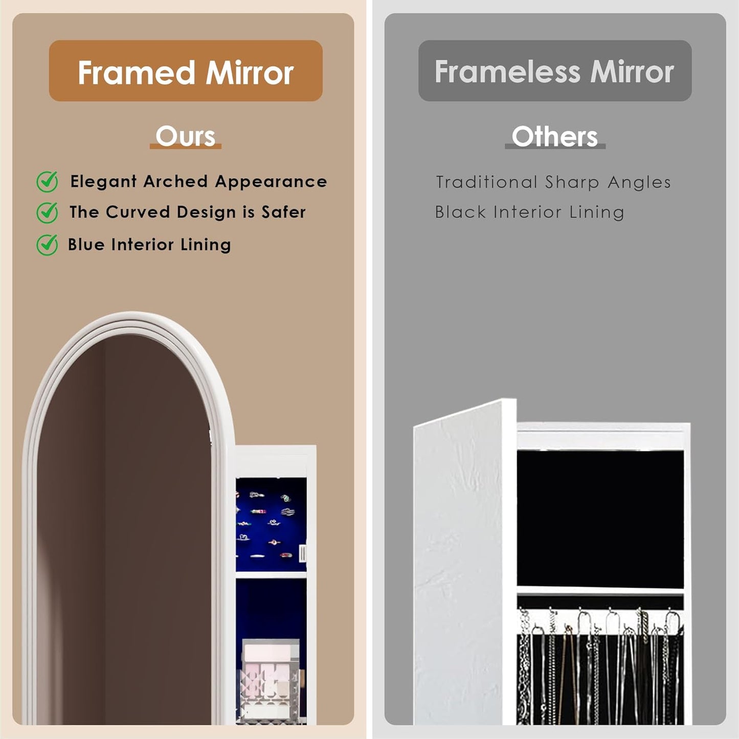 47in Tall Jewelry Cabinet Organizer, Arched Wall or Door Mounted Jewelry Armoire with Full-Length Mirror, 6 LEDS Lockable Hanging Mirror Cabinet with Storage, 2 Drawers, Women Girls Gifts,White