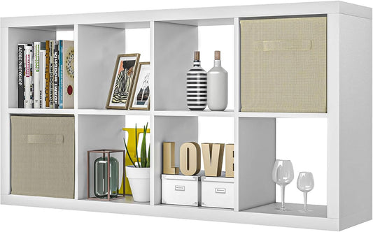 furtble Bookshelf with Storage Bins, 8-Cube Storage Organizer with Back Panels, Modern Wood Open Bookcase, Multifunctional Display Shelf for Living Room, Bedroom, Home Office, White