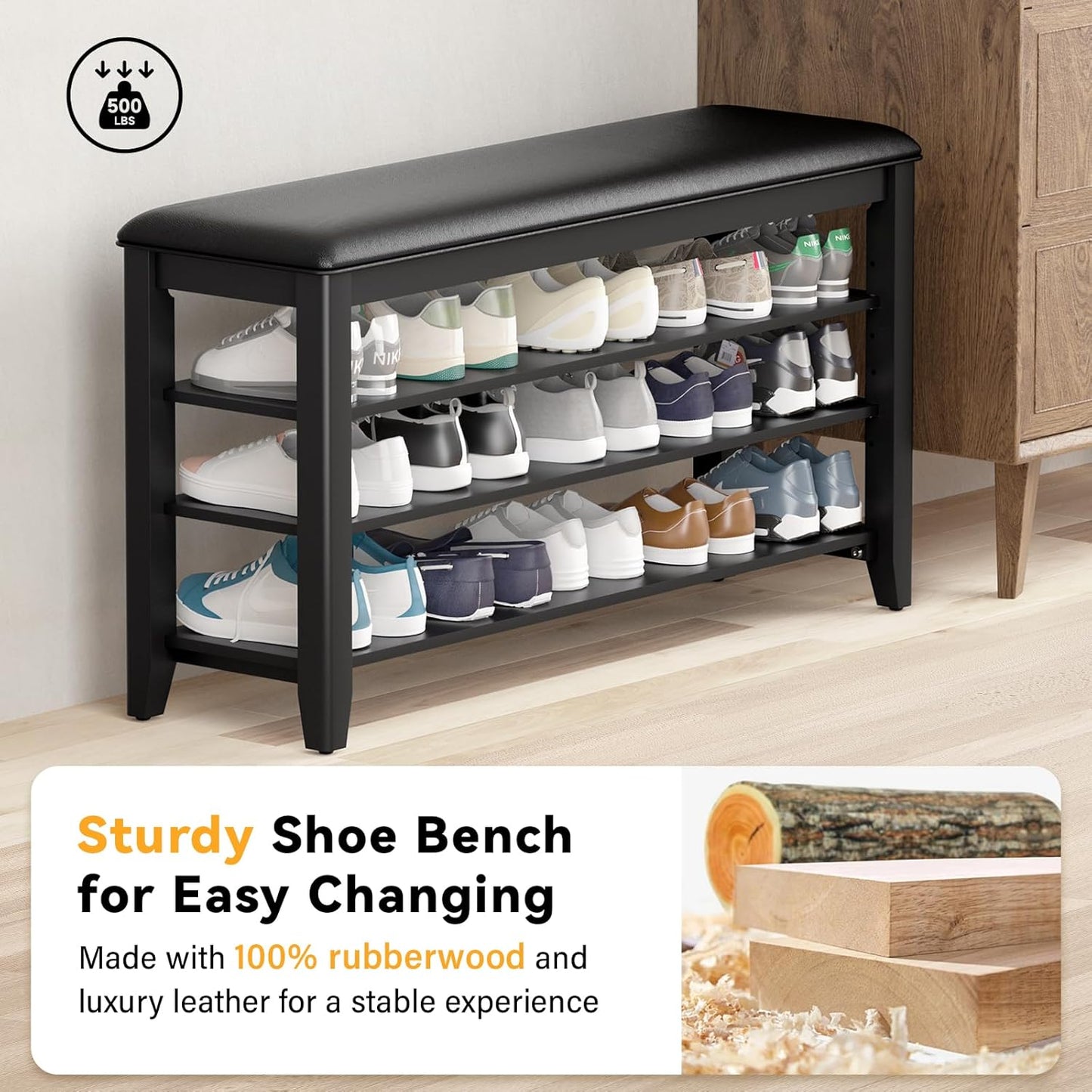 Shoe Rack Bench Entryway Storage with Leather Cushion, Shoe Organizer Bench for Entryway, Ideal for Front Doors Entrances Hallway Mudroom Featuring Rubberwood And 3 Height-Adjustable Removable Shelve