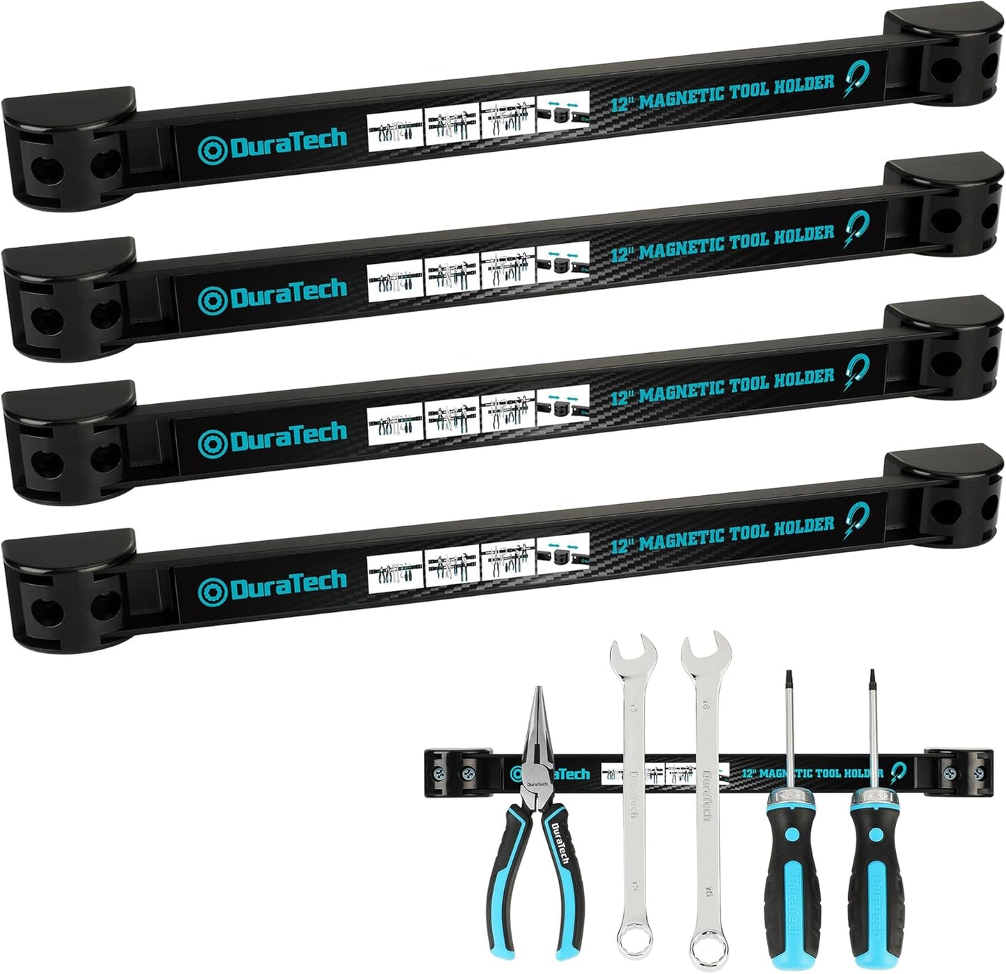DURATECH 4 Pack 12" Magnetic Tool Holder Strip, Heavy Duty Magnetic Tool Bar, Magnetic Space Saving Tool Organizer with Mounting Screws for Garage, Workshop, Kitchen