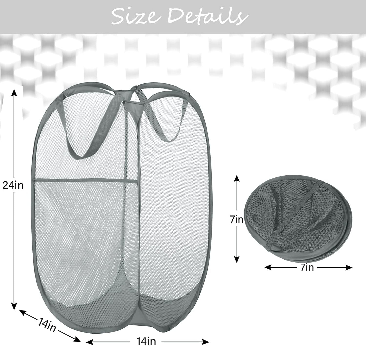 BATTOO Deluxe Strong Mesh Pop up Laundry Hamper Basket with Side Pocket for Laundry Room, Bathroom, Kids Room, College Dorm or Travel 3 x Grey