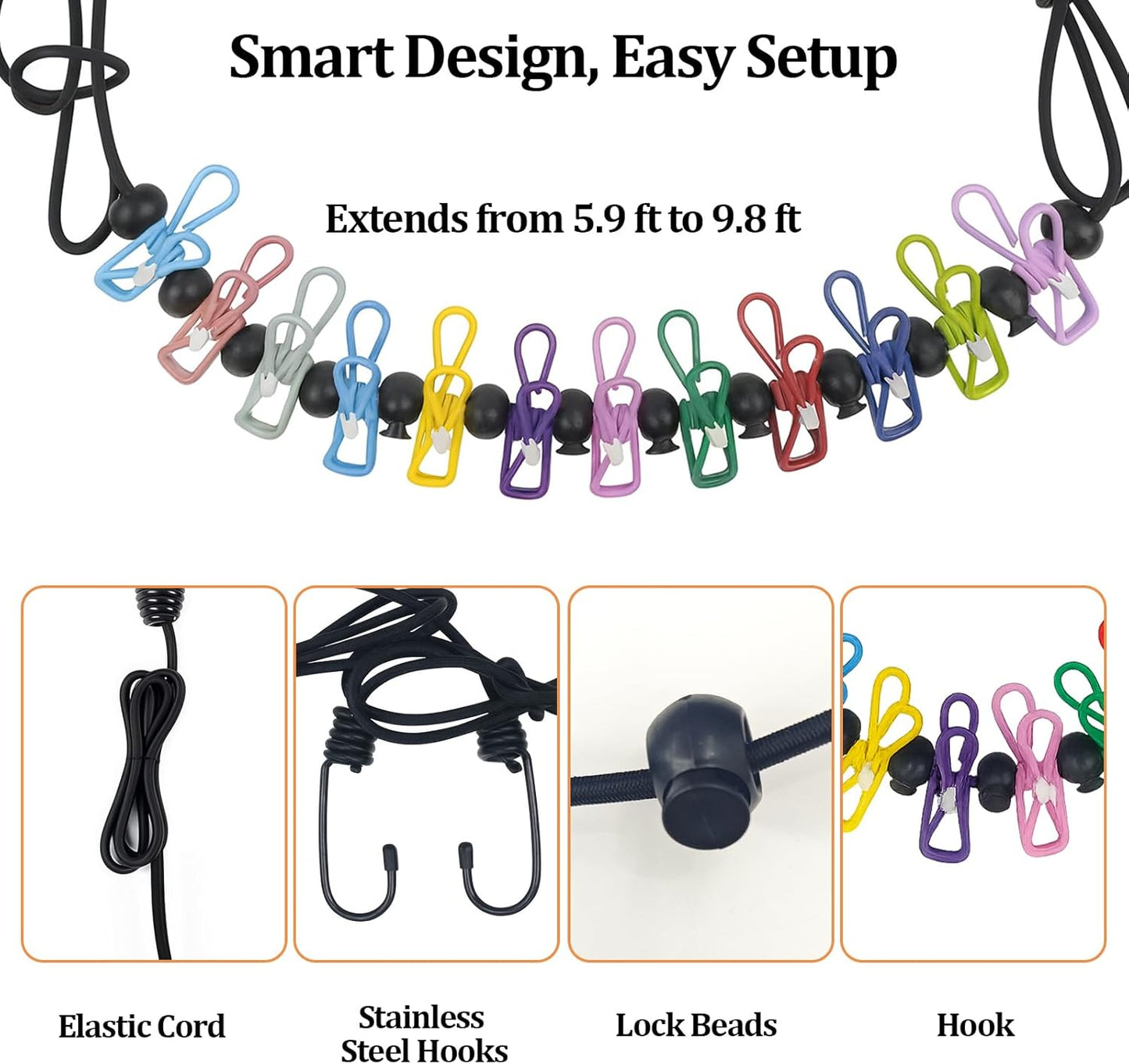 Travel Clothesline Retractable Portable Clothesline with 12 Clips Portable Elastic Camping Clothes Line with Anti-Slip Beads & Stainless Hooks for Hotel, RV, Boat, Outdoor Use (2 Pack)