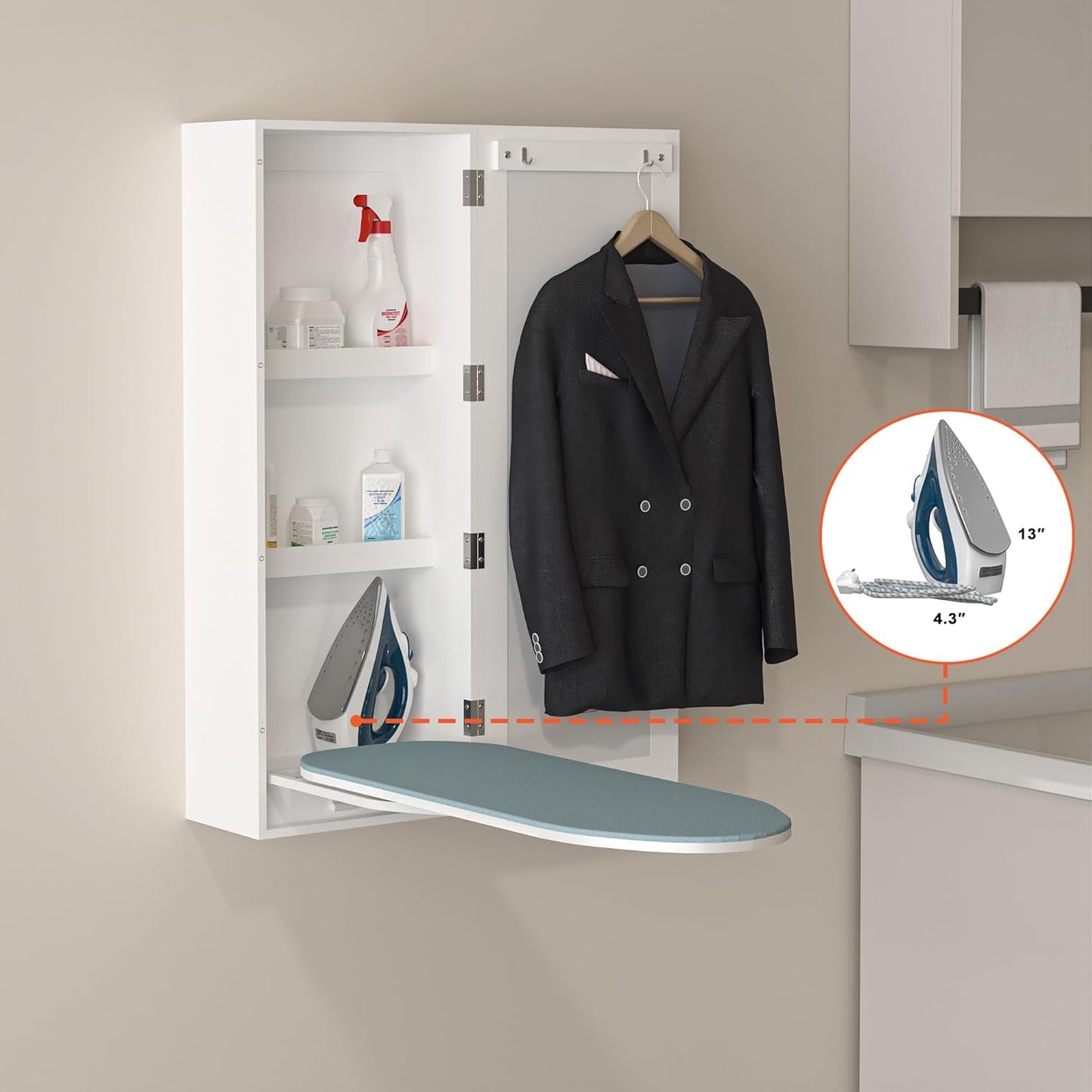 Wall Mount Ironing Board Cabinet, Built in Swivel Ironing Board Folding with Storage & Mirrored Door, White