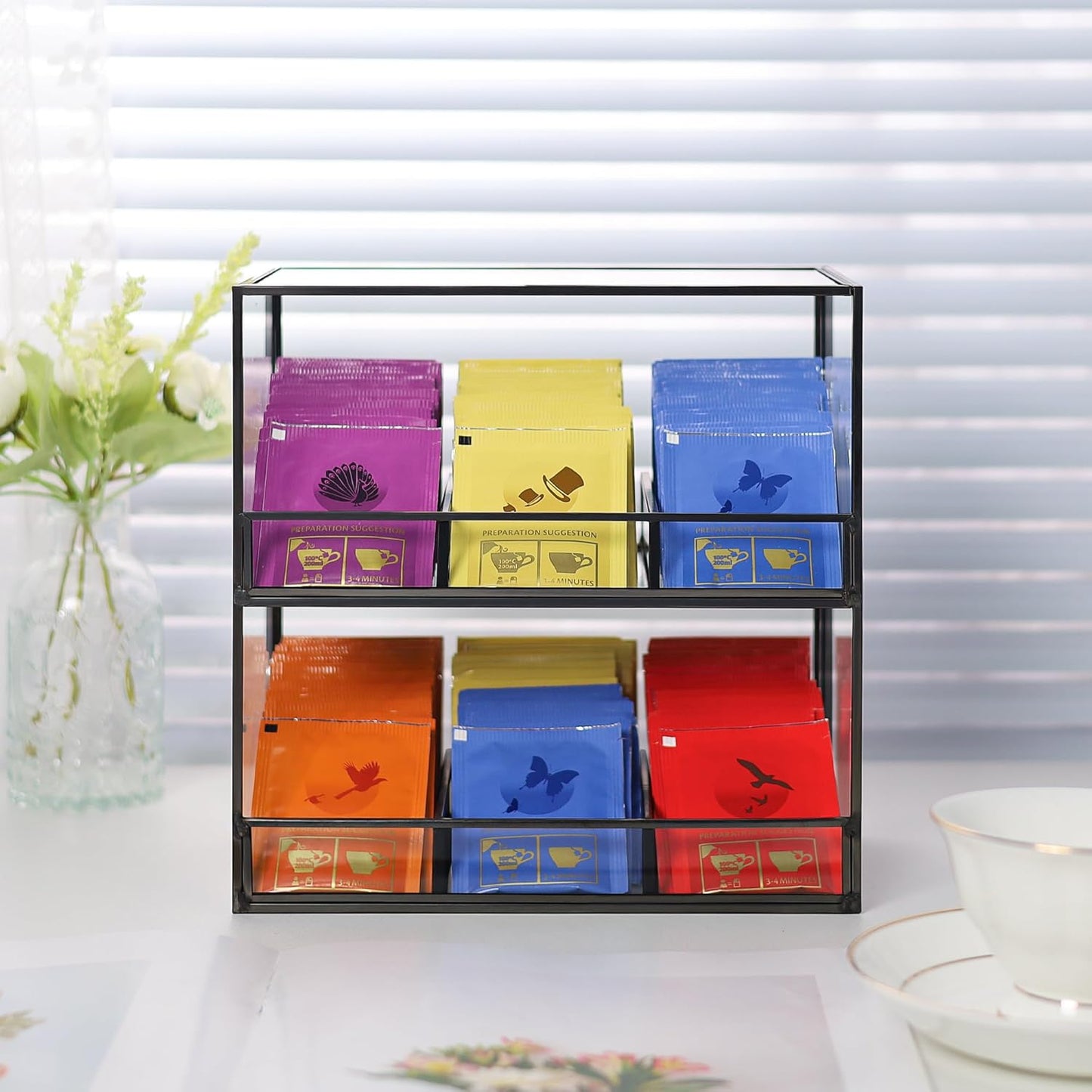 Glass Tea Bag Organizer for Counter, 2-Tier Teabag Organizer Storage Holder for Tea Bags, Glass Caddy Box Containers, Rack Teabag Station Stand for Cabinet Kitchen, 2-Tier, Black
