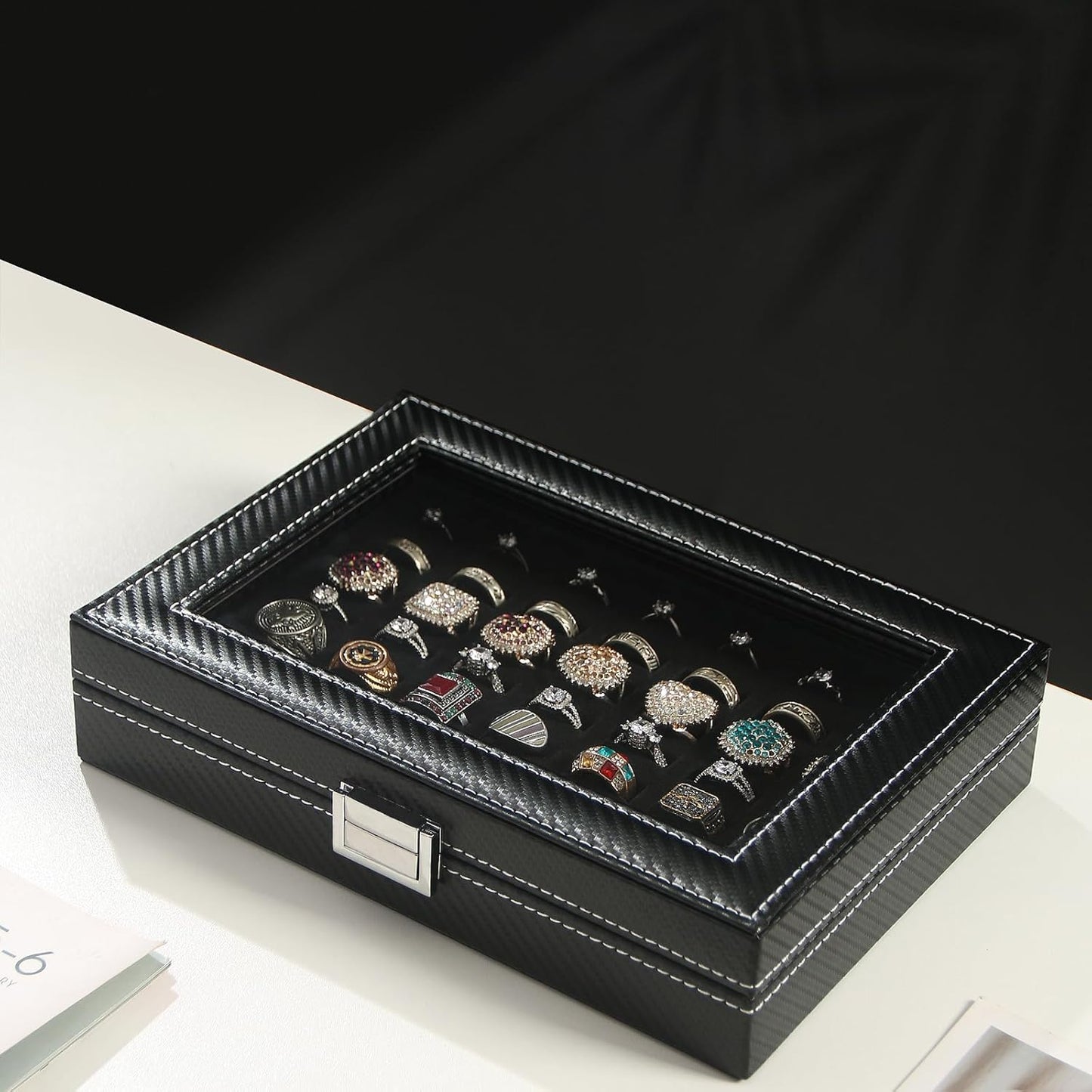 Byken Carbon Fiber Ring Organizer for Jewelry,Rings Display Case,Small Travel Jewelry Box,49 Slots Cufflink Storage Tray with Glass Lid,Black