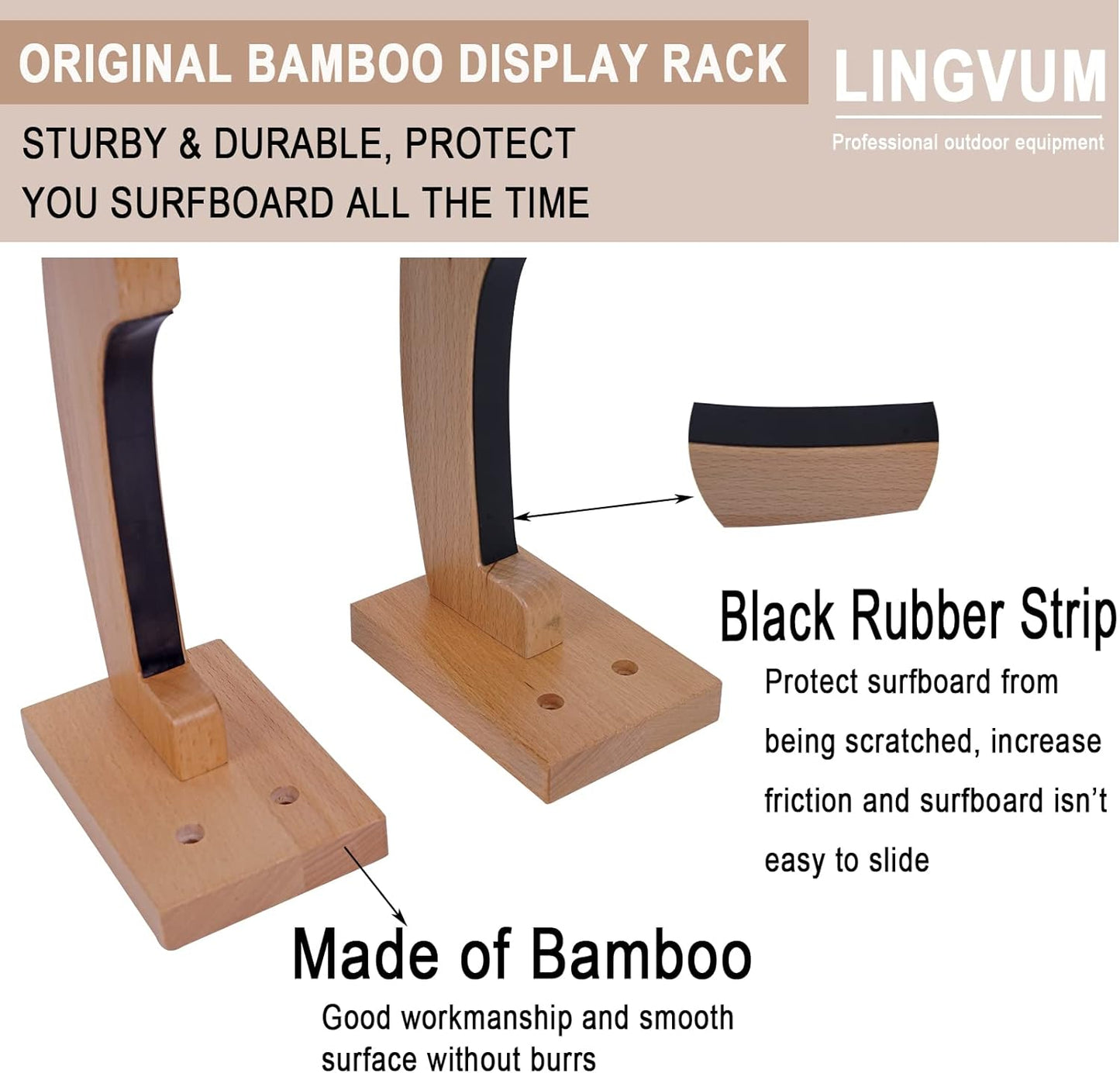 Surfboard Wall Mount Racks Sturdy Surf Board Wall Hangers Suitable for Longboards/Shortboards/Skateboards/Snowboards/Skiing Boards, Works Indoors and Outdoors, Bamboo