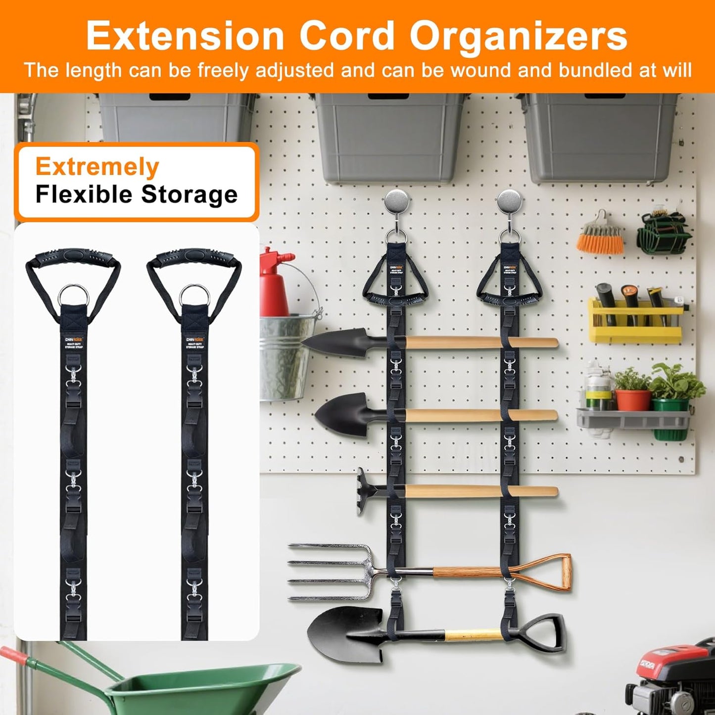 Extension Cord Organizer, 2 PCS Extension Cord Hanger with 5 Detachable Straps, Garage Garden Storage Straps for Cable, Hose, Rope, Tool