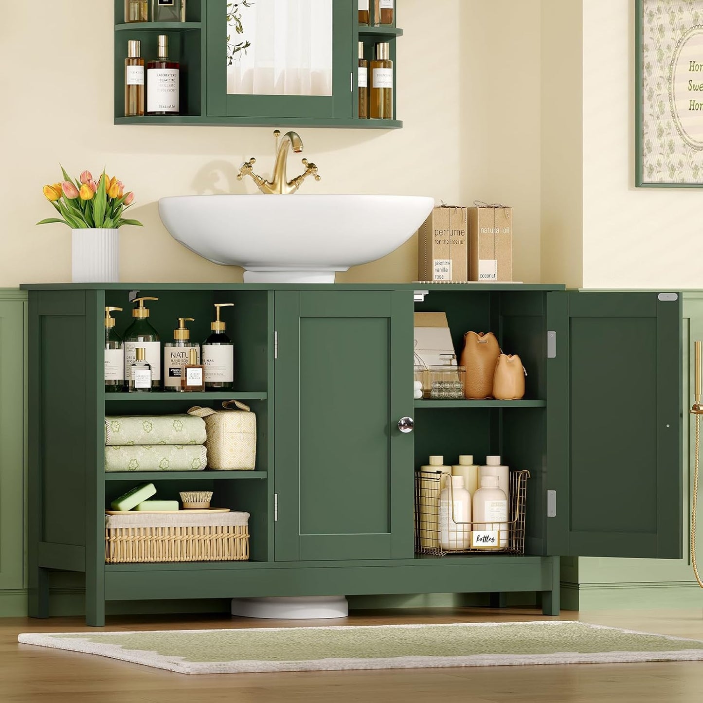 TEENFON 35.4" Pedestal Sink Storage Cabinet with 2 Doors and Adjustable Shelves, Bathroom Sink Cabinet, Under Sink Storage with U-Shape Cut-Out, Green UNYSG034V
