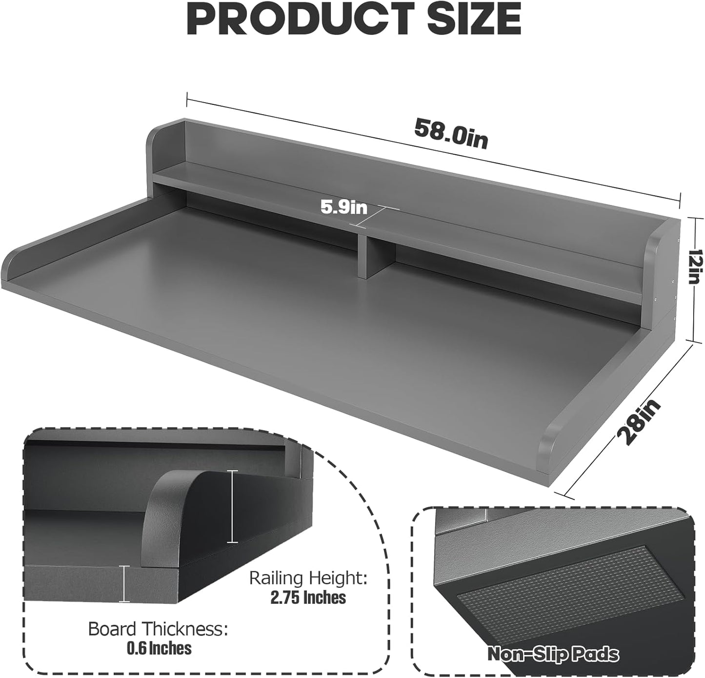 2-Tier Washer Dryer Countertop with 2.75" H Edge Rails, 58" W x 28" D Laundry Countertop for Folding Clothes, Washer and Dryer Topper with Non-Slip Pad (Gray)