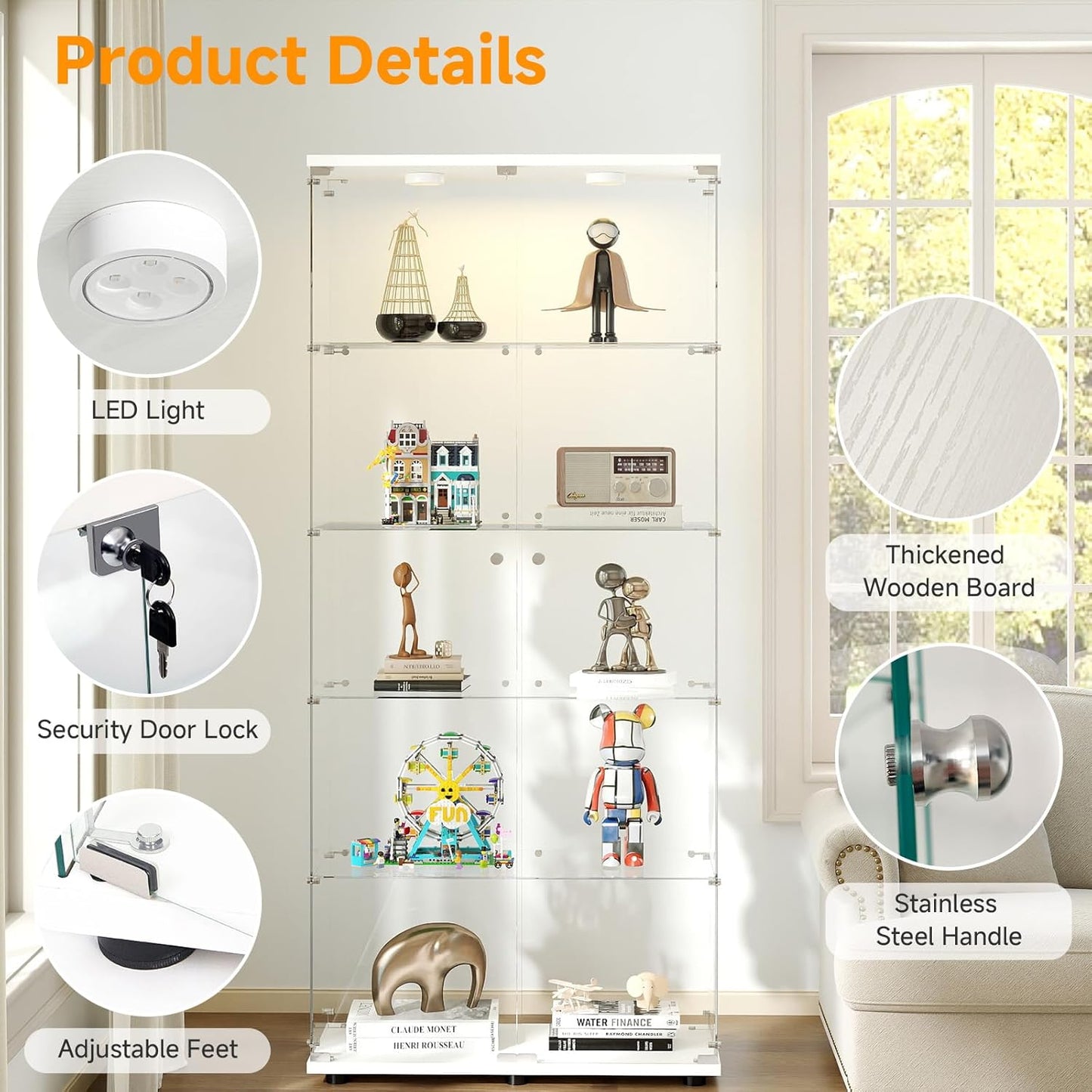 5-Tier Tempered Glass Display Cabinet with Lights, Curio Cabinet with Glass Doors and Lock, Glass Display Case for Collectibles, for Living Room Bedroom Office, Double Door, White