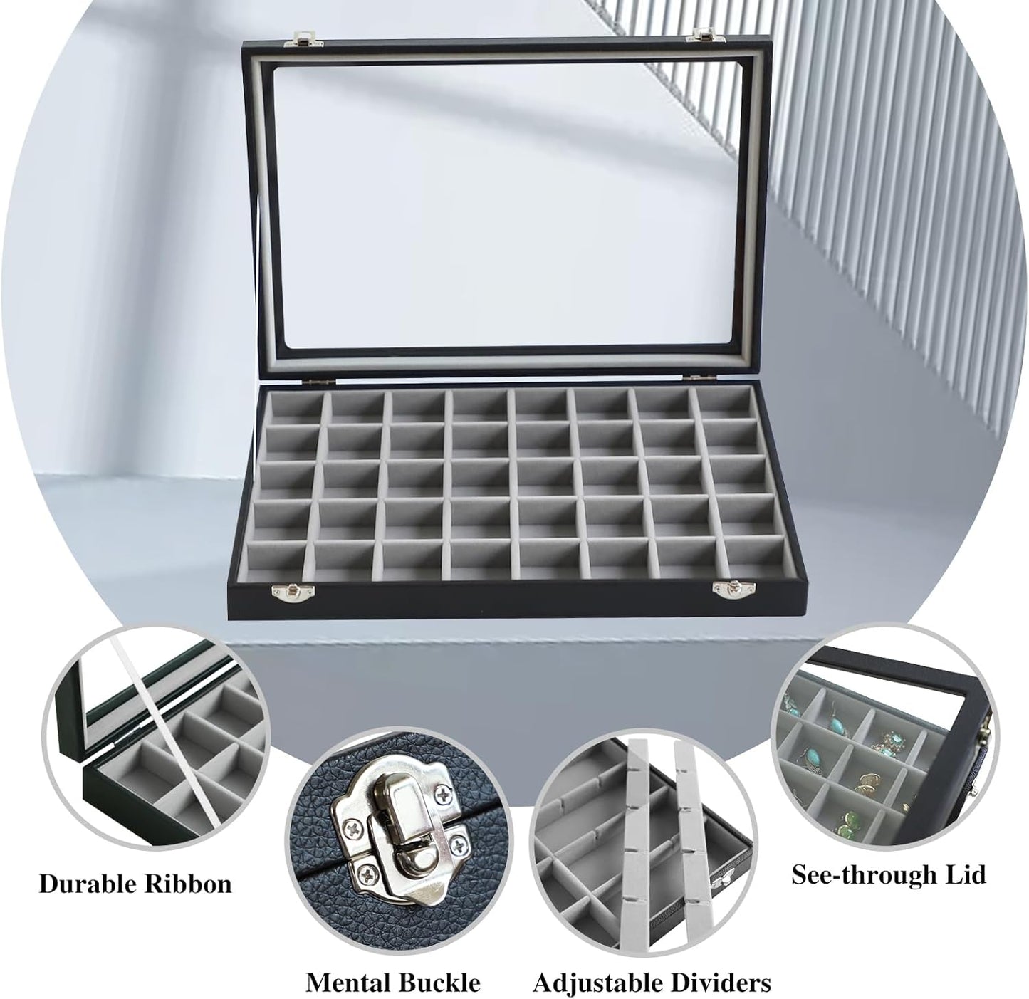 Stratalife Jewelry Organizer 40 Grid Gray Black Jewelry Tray with Clear Dust-proof Lid Velvet Earring Organizer Necklace Rings Holder Display Drawer Storage Case for Women