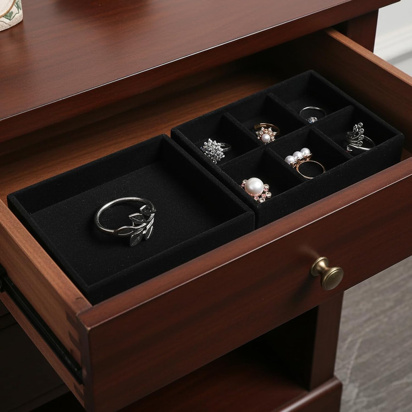 2 PCS Black Velvet Stackable Ring Organizer Tray, Earrings Display Tray Storage, Small Jewelry Trays, Display Storage Holder for Ring Earrings Jewelry (2 Styles)