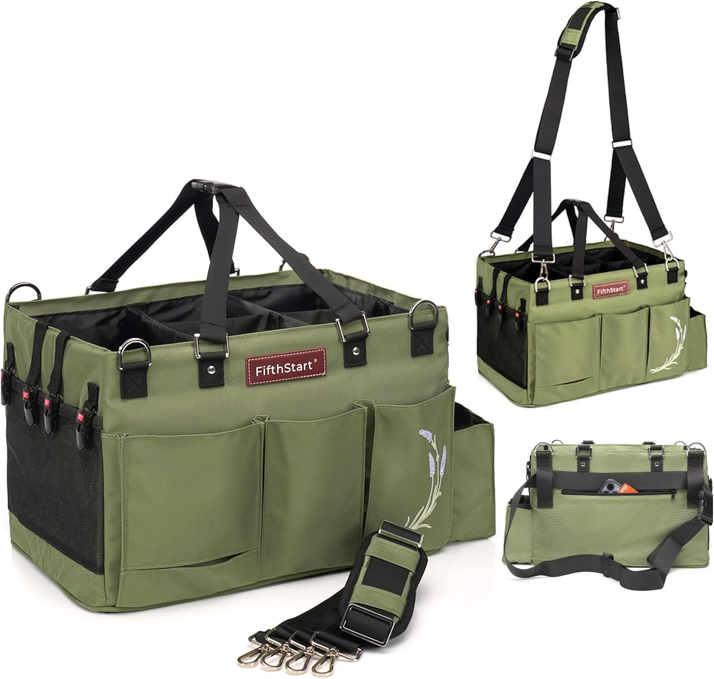 FifthStart Cleaning Caddy Bag for Professionals - Heavy-Duty Organizer with Shoulder Strap, 9 Pockets, Washable Mesh Base & Adjustable Compartments for Cleaning Supplies (Green, Large)