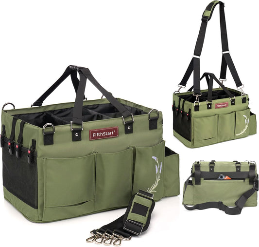 FifthStart Cleaning Caddy Bag for Professionals - Heavy-Duty Organizer with Shoulder Strap, 9 Pockets, Washable Mesh Base & Adjustable Compartments for Cleaning Supplies (Green, Large)