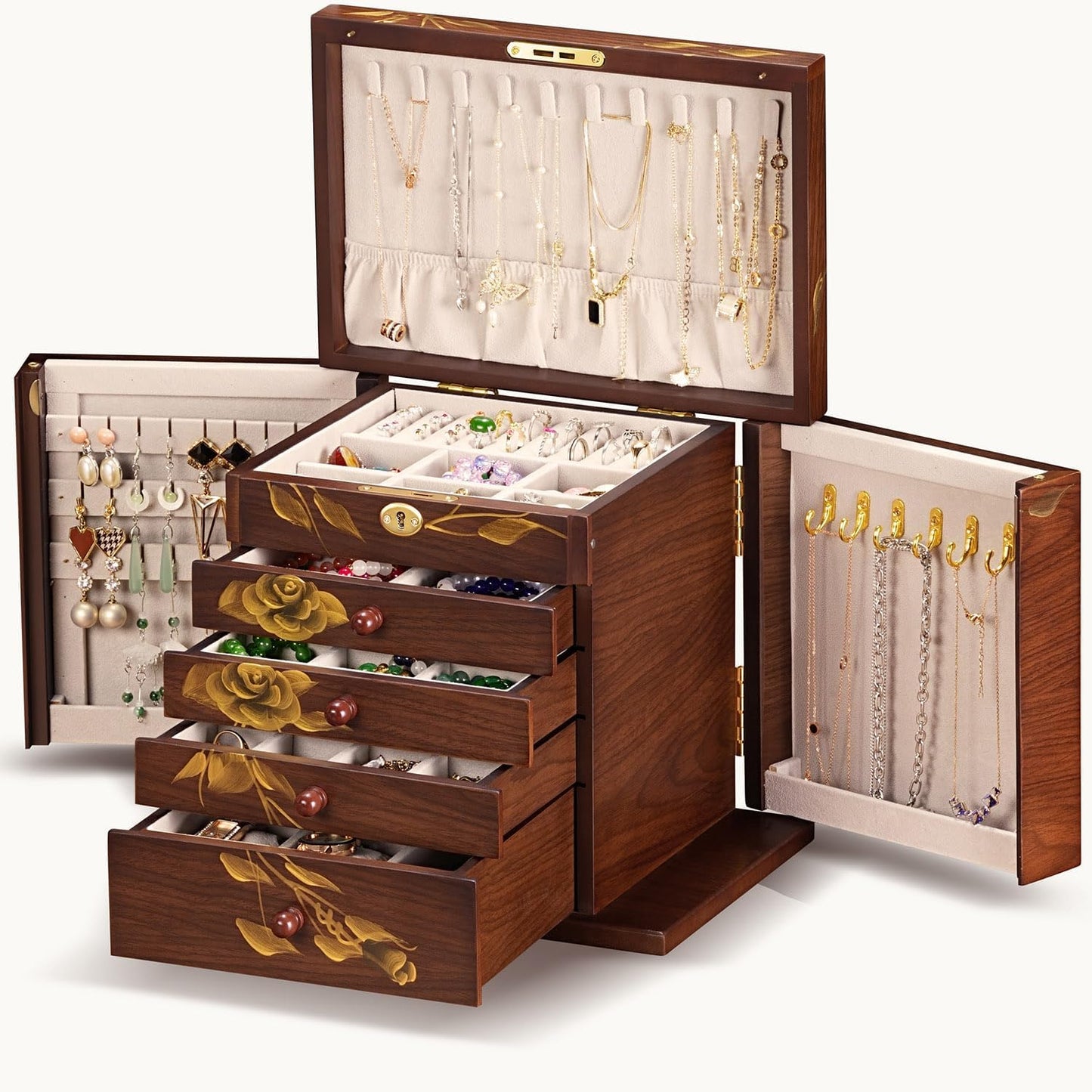 Hand-Painted Wooden Jewelry Boxes for Women - 8-Layer Large Lockable Jewelry Box with Compartments, Dresser Top Jewelry Organizer, Vintage Wooden Jewelry Storage
