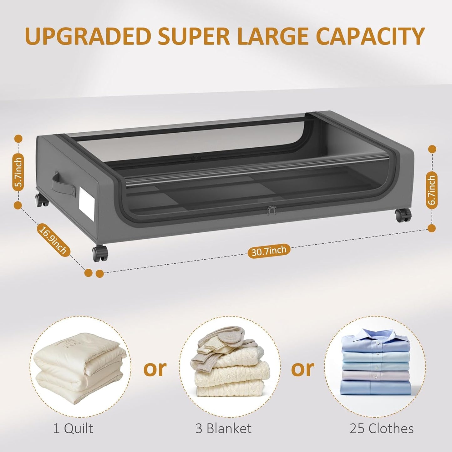 Large Under Bed Storage with Wheels, Under Bed Storage Containers, Under Bed Shoe Storage Organizer, Rolling Underbed Storage Containers for Bedroom Clothes Shoes Blankets, 4 Pack, Grey