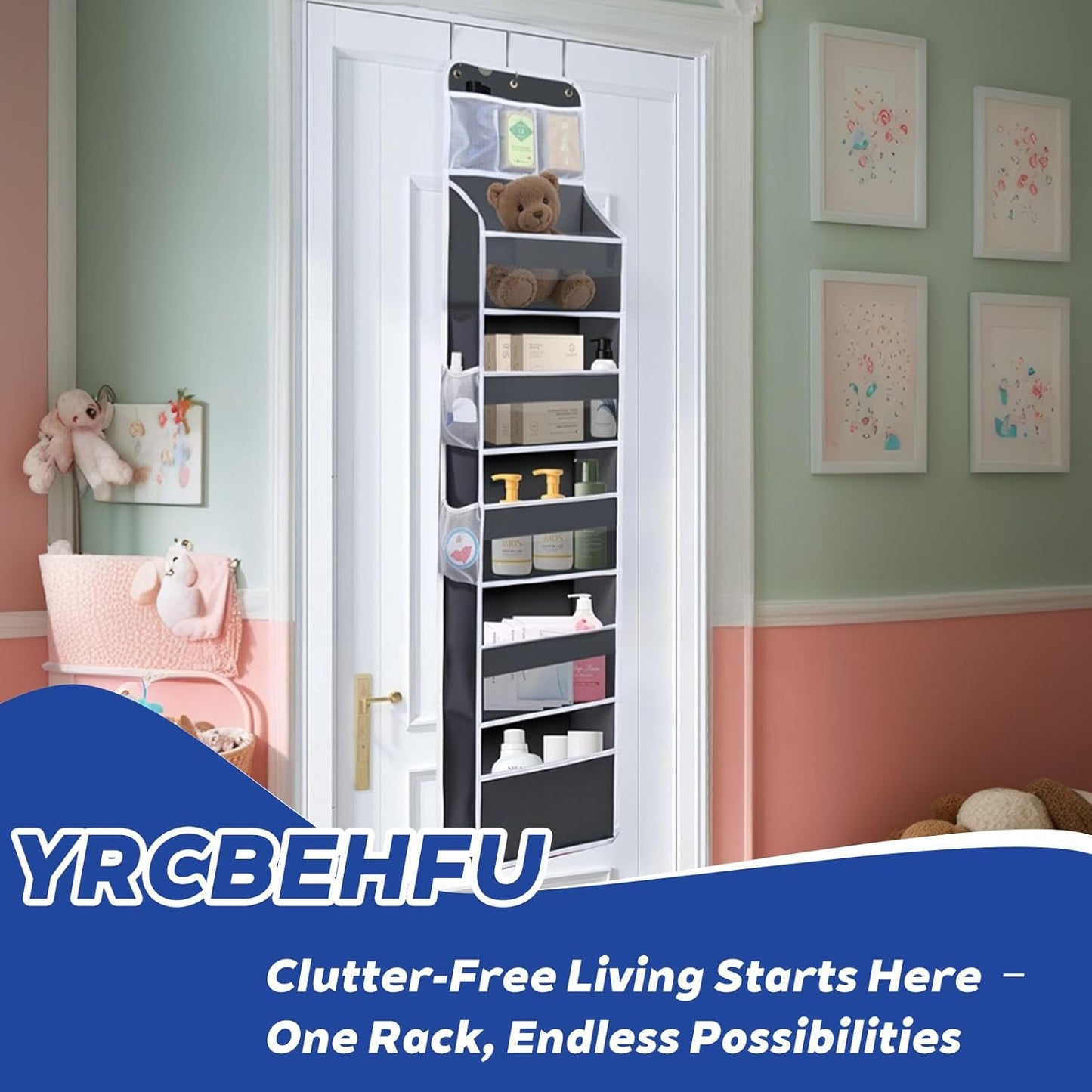 Over The Door Organizer 6 Tier with 12 Pockets & Reinforced Hooks - 59" Hanging Storage Organizer for Bathroom, Nursery, Pantry & Laundry (Deep Grey)