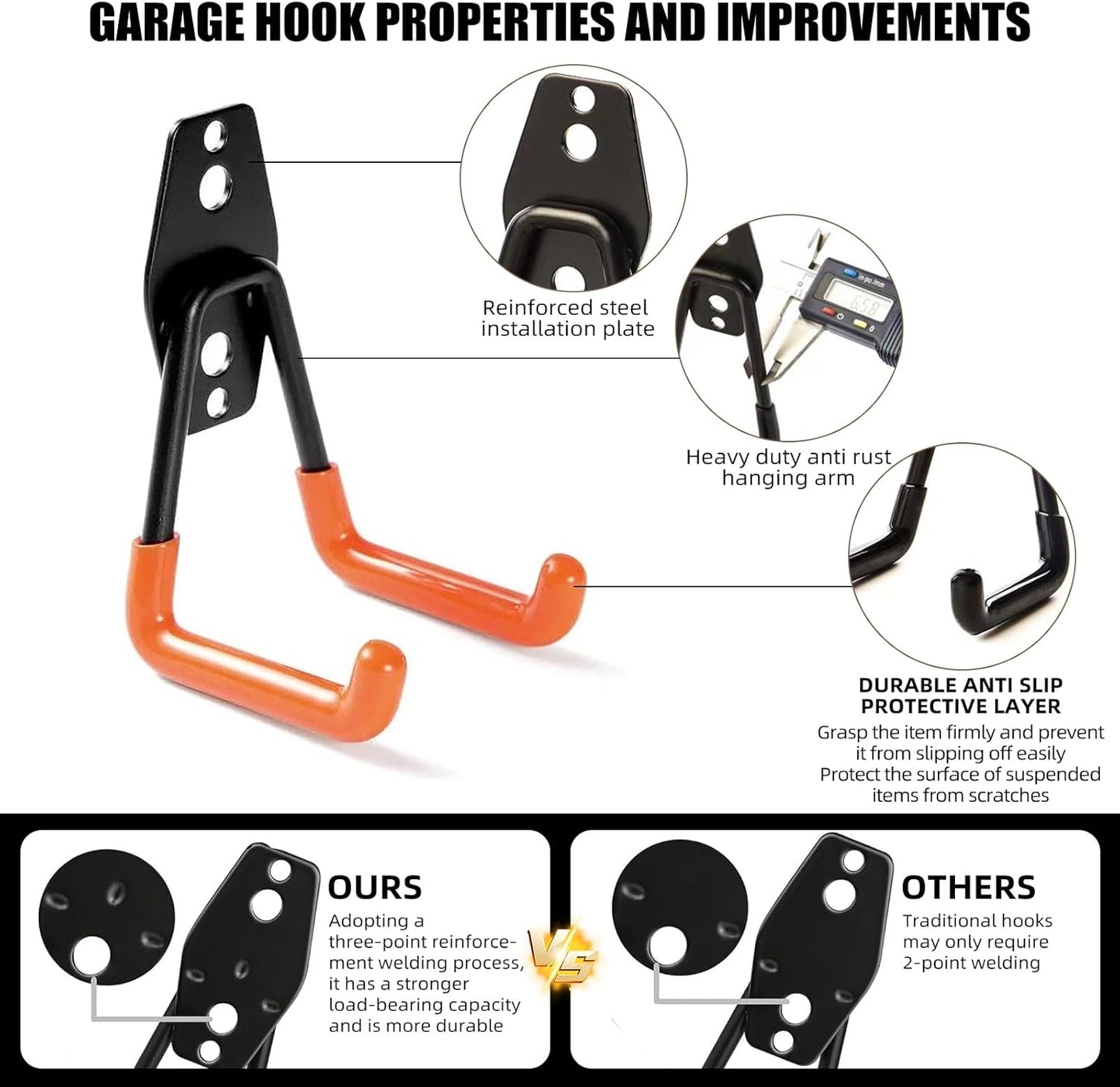 Garage Hooks, 4 Pack Large Square Wall Hooks for Hanging Heavy Duty Ladders, Bikes, Tools Ideal for Garage, Garden, Basement Utility Room Storage (Orange)