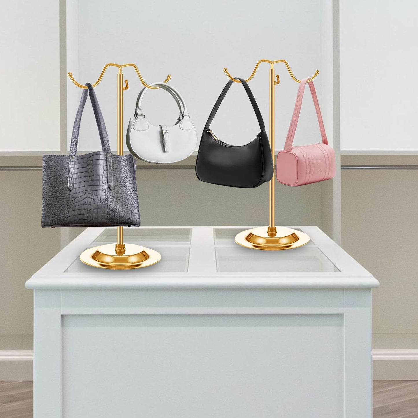 4 Pcs Purse Display Stand Adjustable Height Handbag Display Stand Metal Handbag Stand Holder Double Hook Purse Holder Stand for Home Store Boutique Counter, Gold