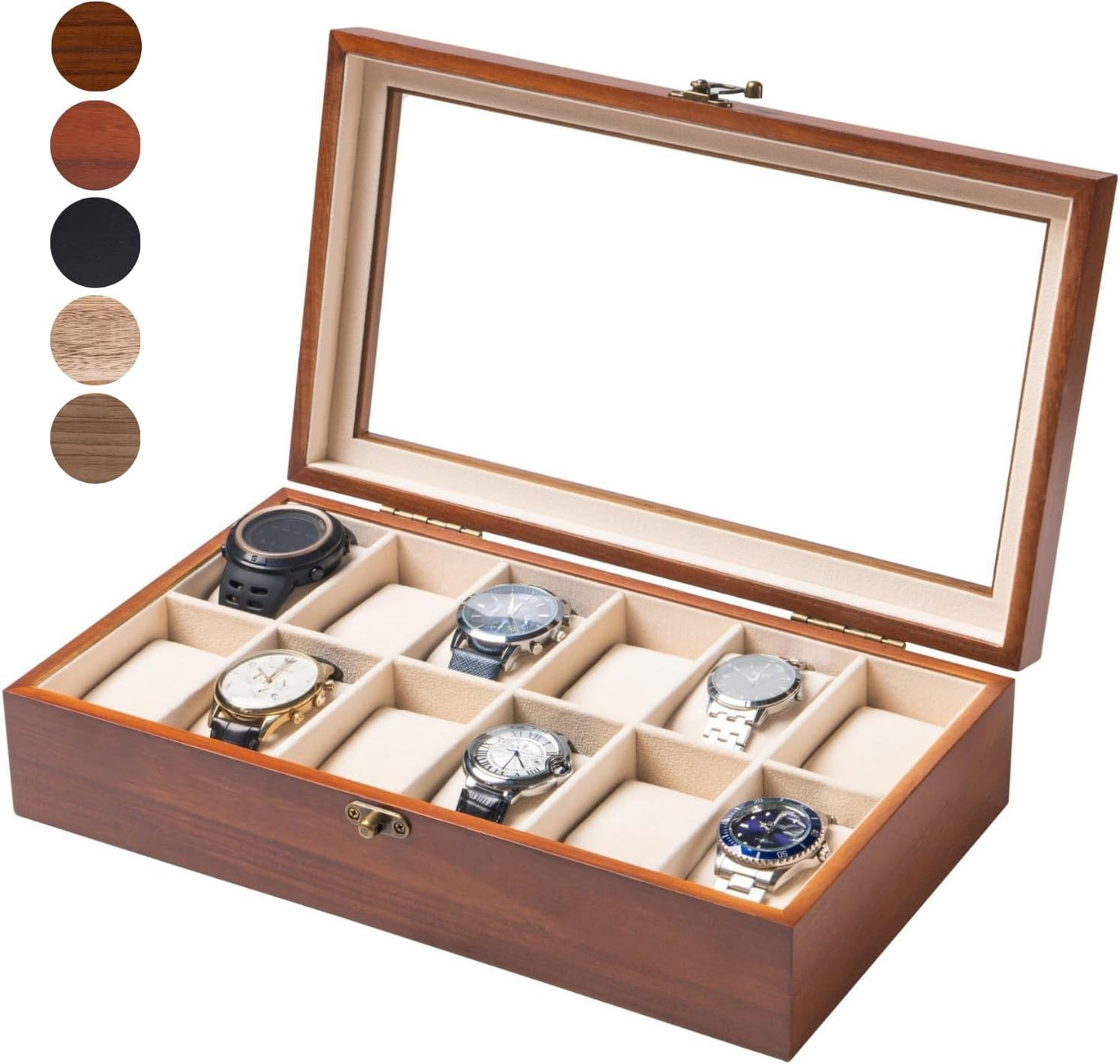Watch Box, Watch Case for Men Women with Large Glass Lid, Wooden Watch Display Storage Box with 12 - Slots, Classic Walnut Mens Watch Box Organizer