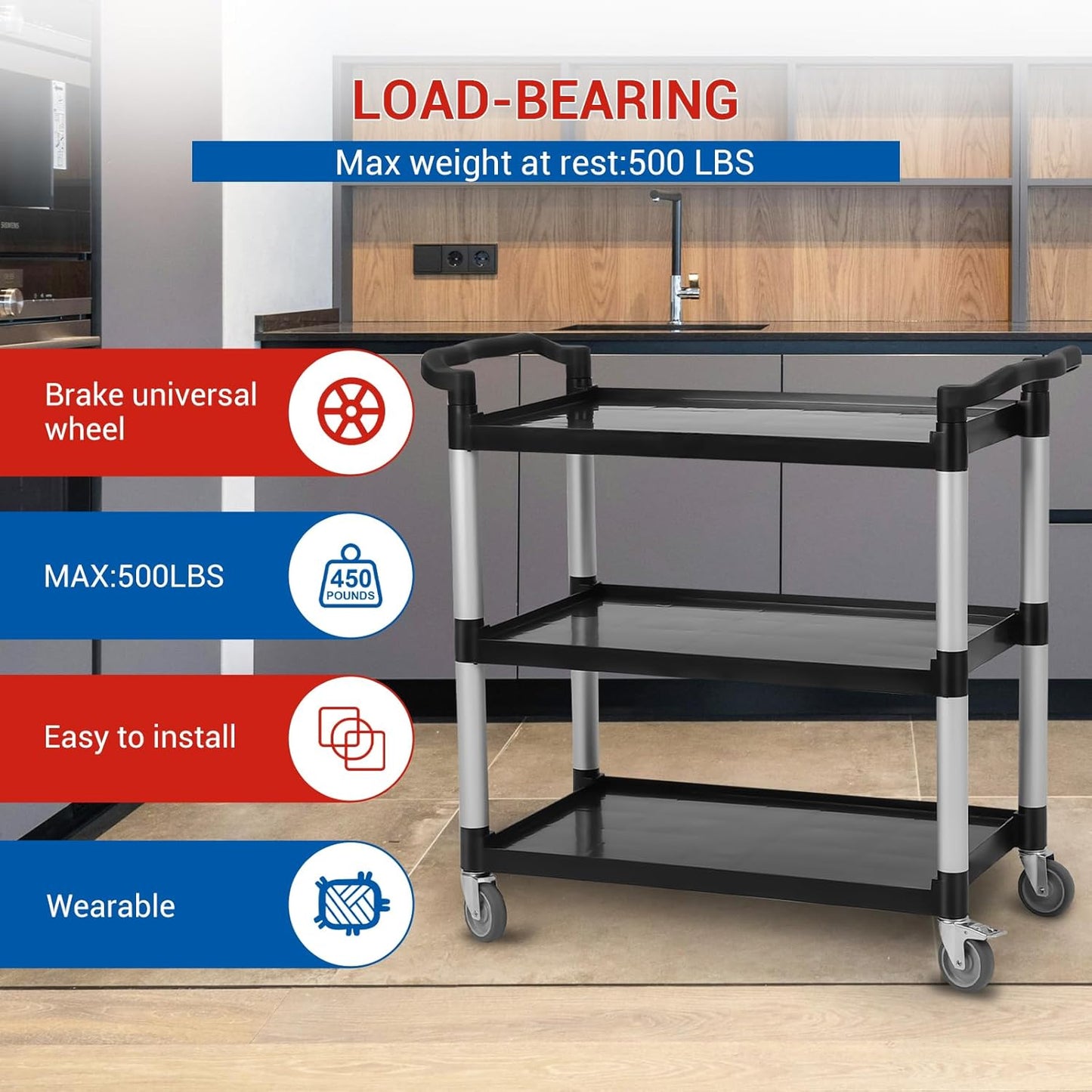 3-Tier Plastic Service Utility Cart with Wheels, Heavy Duty 3-Shelf Rolling Utility/Push Cart for Foodservice/Commercial/Restaurant/Office/Kitchen/Hotel, Black