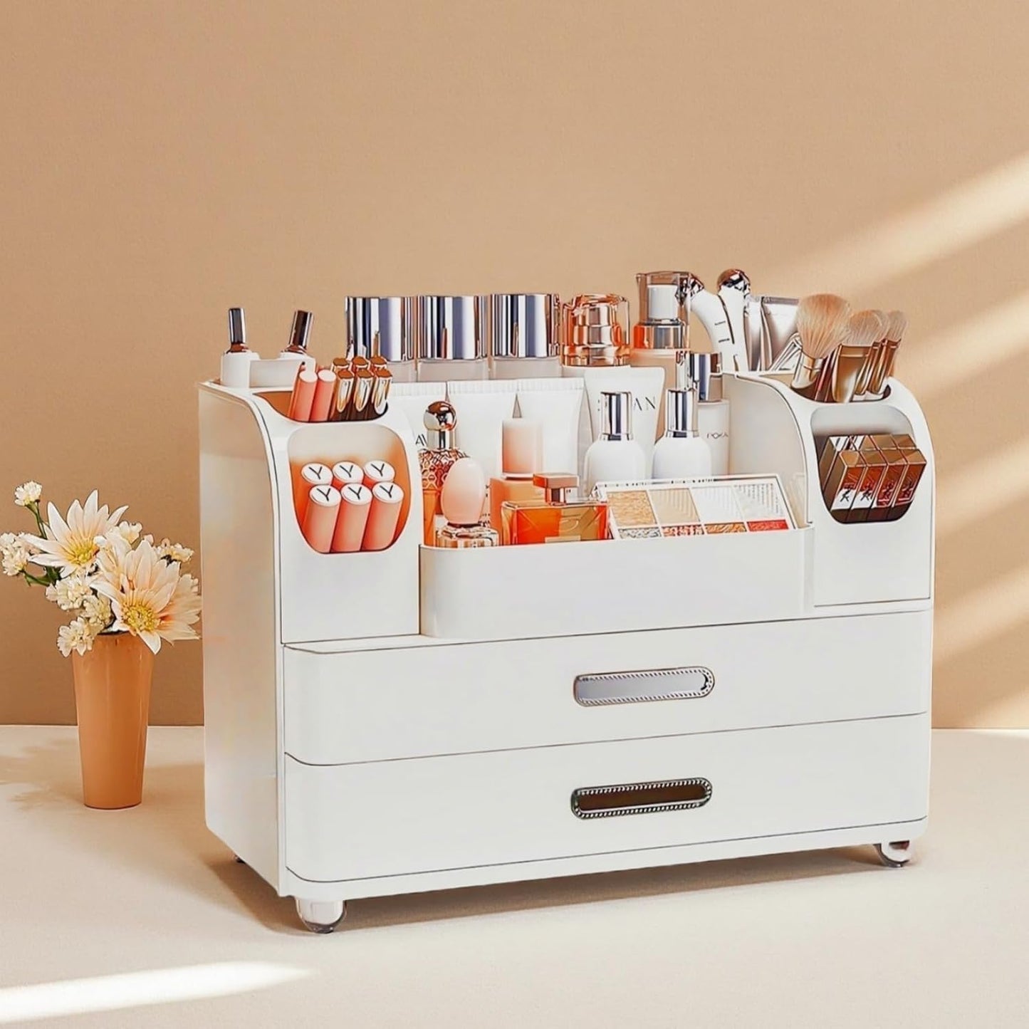 Makeup Organizer with Drawers for Vanity,Bathroom Countertop Organizer with Brushes Holder,Skincare Storage Organizer,Perfect Cosmetic Display Case for Skincare,Lipstick and Beauty Essential
