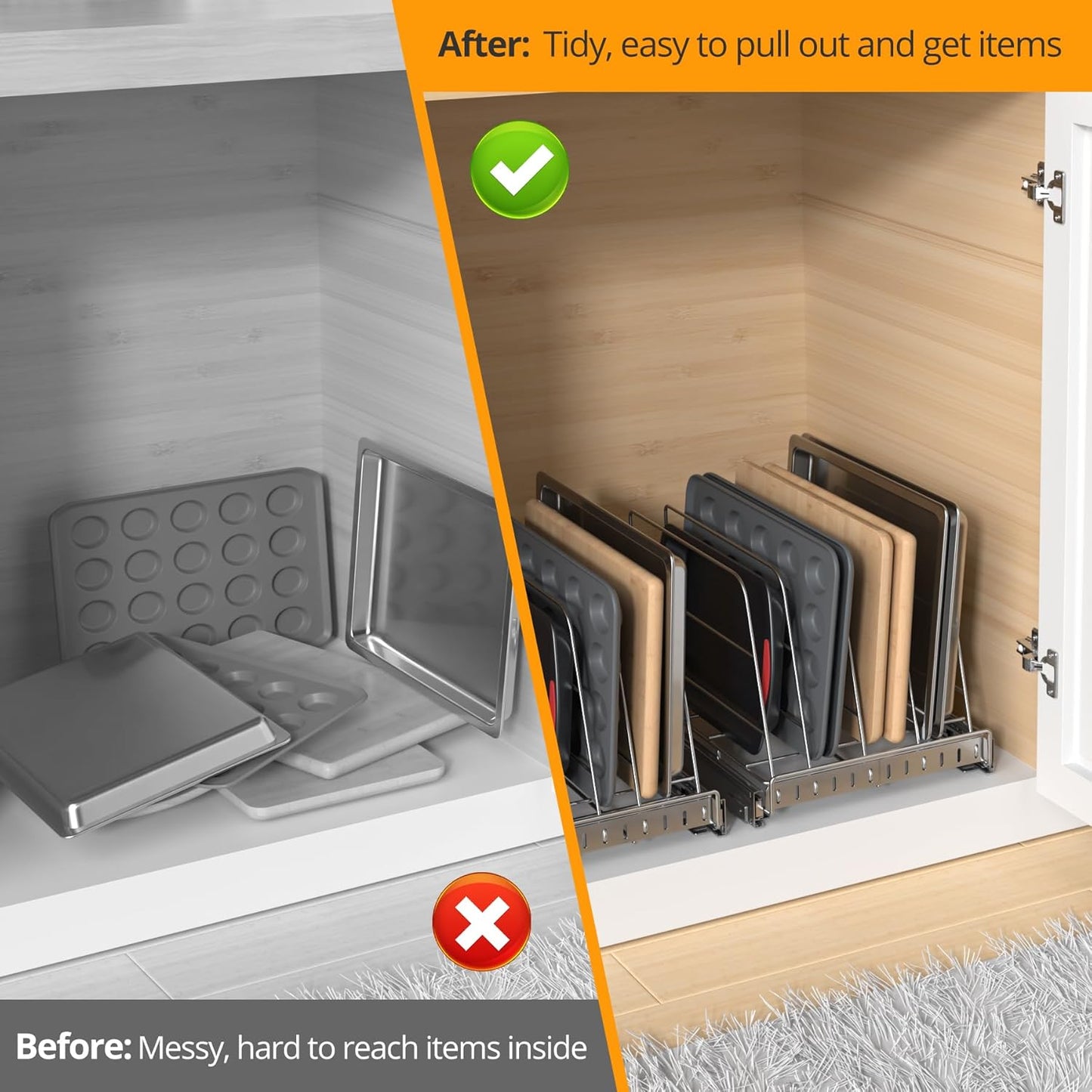 Pull Out Cabinet Organizer for Cutting Board, Cookie Sheet, Baking Sheet, Stainless Steel Sliding Rack for Bakeware & Trays, Heavy-Duty Cutting Board Organizer (12.9” x 16.5” (32.6 x 41.8 cm))