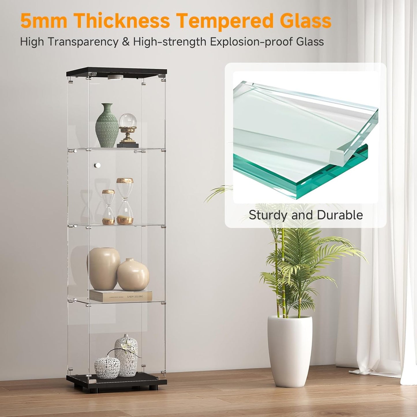 Tempered Glass Display Cabinet with Lights, 4-Tier Curio Cabinet with Glass Doors and Lock, Glass Display Case for Collectibles, for Living Room, Bedroom, Office, Black, Single Door