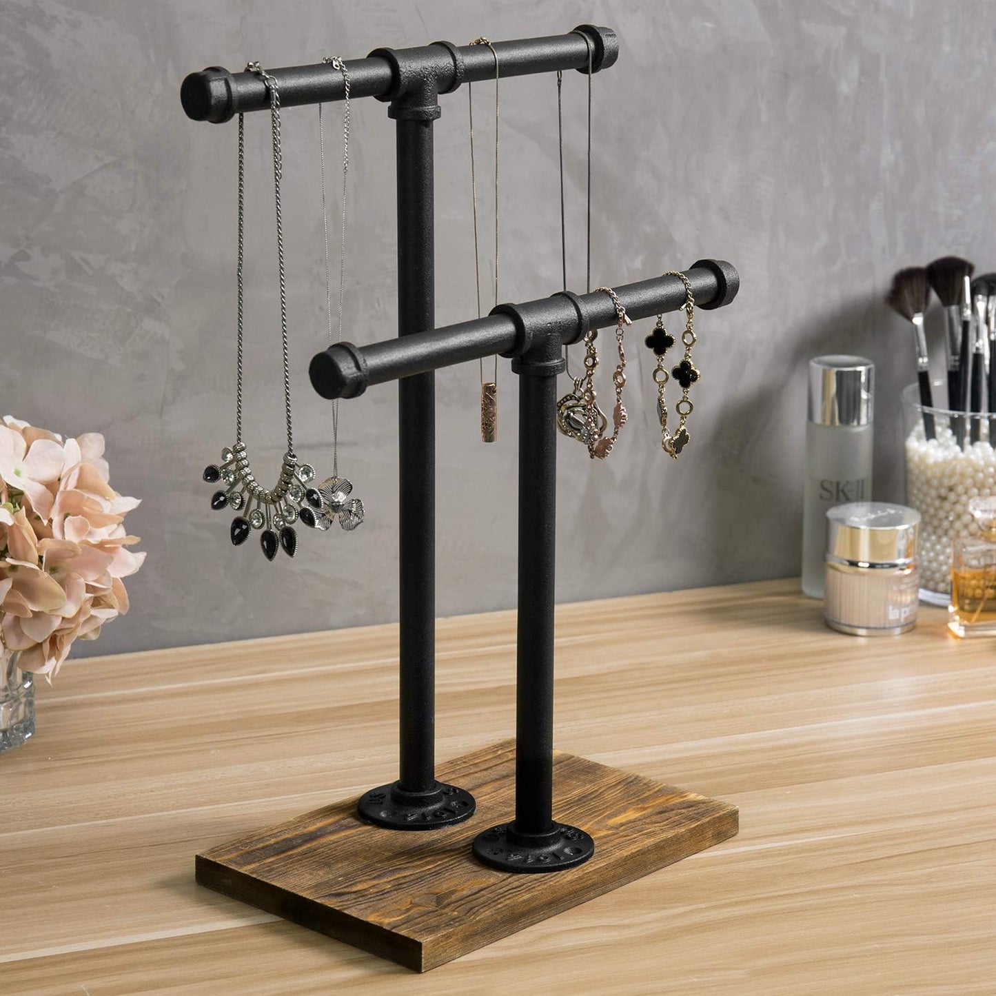 MyGift Adjustable 2-Tier Industrial Jewelry Display Stand - Rustic Metal Pipe & Brown Wood Base for Necklaces, Bracelets, Watches - Home & Boutique Decor (11.75" H)
