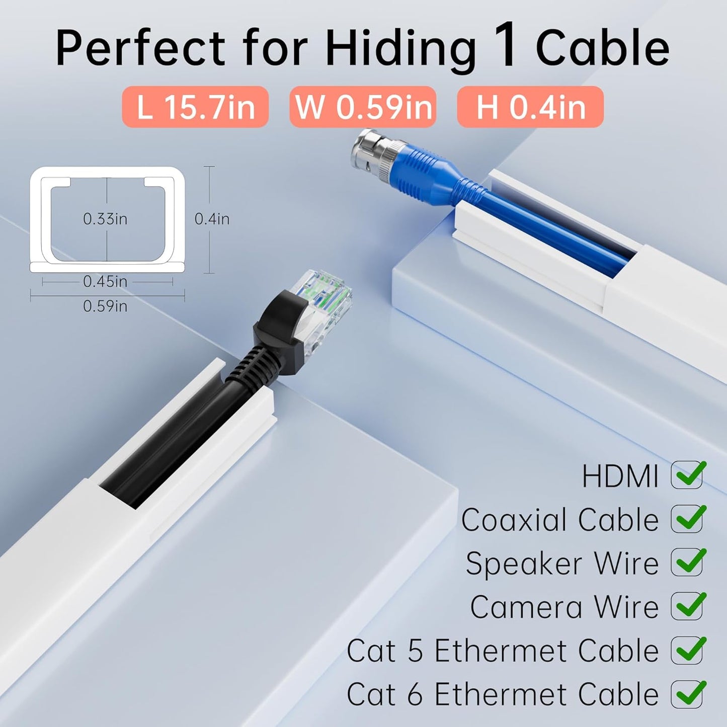 Yecaye PVC Wire Covers for Cords on Wall, One-Cord Cable Concealer Kit, Paintable Cable Raceway Management, Cord Hider, Max for 2 Small Cords for Home Office, W0.59in H0.4in