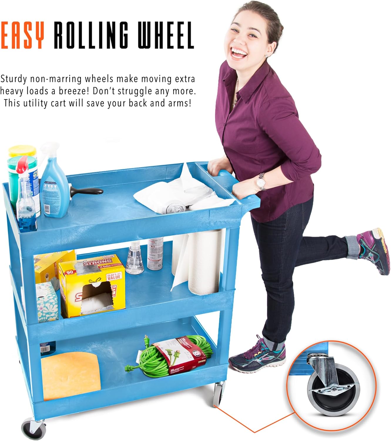 Stand Steady Tubstr 3 Shelf Utility Cart | Made in USA | Heavy Duty Tub Cart Holds Up to 300 lbs. | Storage Cart & Rolling Tool Cart for School, Office, Garage & Warehouse (32 x 24in / Blue)