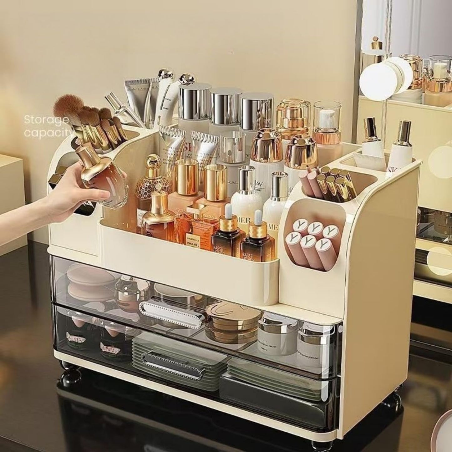 Makeup Organizer with Drawers for Vanity,Bathroom Countertop Organizer with Brushes Holder,Skincare Storage Organizer,Perfect Cosmetic Display Case for Skincare,Lipstick and Beauty Essential (Cream)