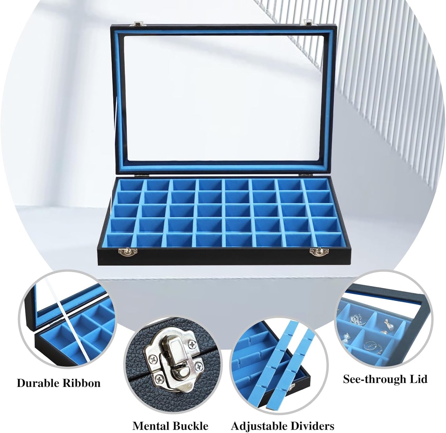 Stratalife Jewelry Organizer 40 Grid Blue Black Jewelry Tray with Clear Dust-proof Lid Velvet Earring Organizer Necklace Rings Holder Display Drawer Storage Case for Women