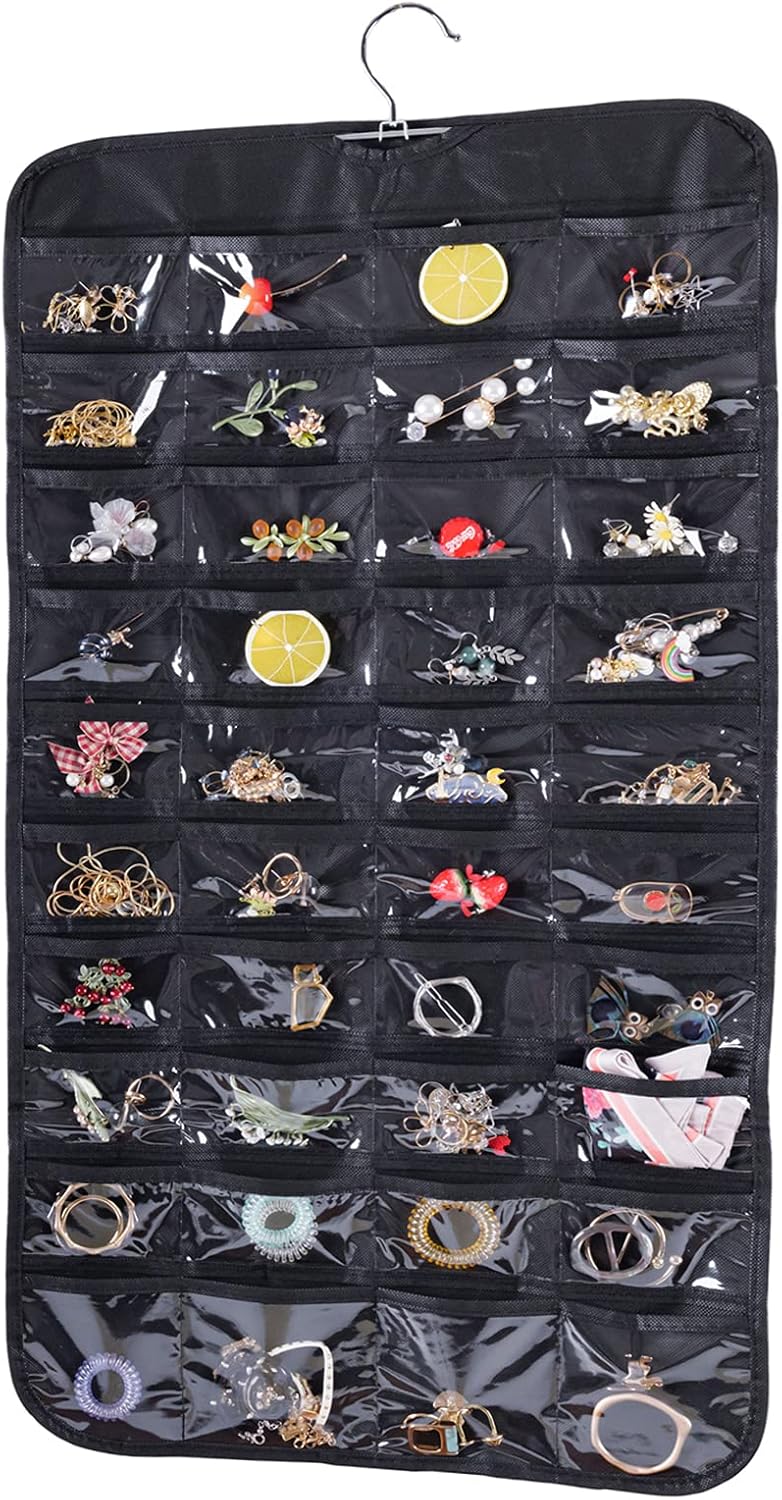 Cemueo Hanging Jewelry Organizer, Double Sided 80 Pocket Jewelry Chain Storage Bag 2 Layer of Fabric Jewelry Organizer Holder for Necklace Bracelet Earring Ring Chain Knitting Tool-Black
