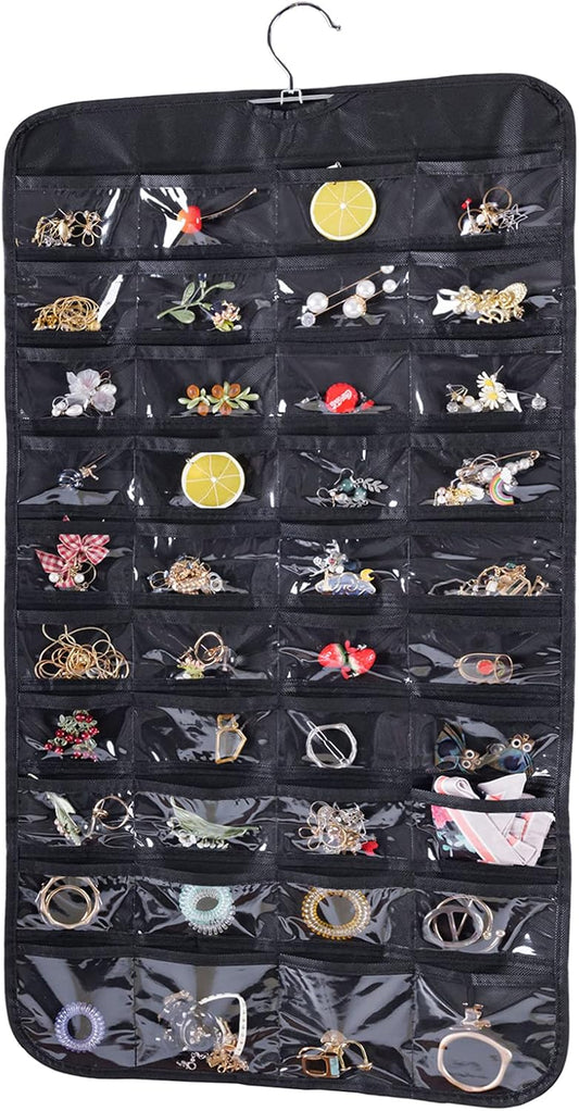 Cemueo Hanging Jewelry Organizer, Double Sided 80 Pocket Jewelry Chain Storage Bag 2 Layer of Fabric Jewelry Organizer Holder for Necklace Bracelet Earring Ring Chain Knitting Tool-Black