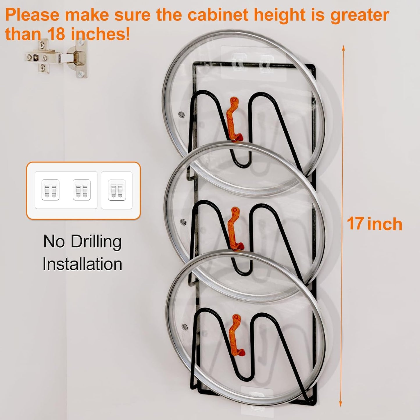 2 Pack Pot Lid Organizer Rack, 6-Tier Pot Lids Holder for Cabinet Door/Wall, No Drilling Adhesive Wall/Door Mounted Rustproof Pot and Pan Cover for Kitchen Storage, Classic Black